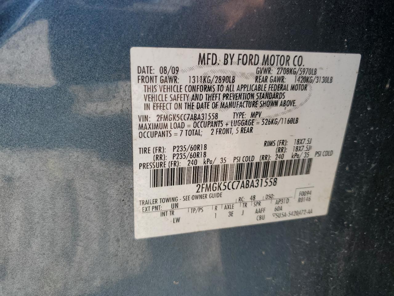 2010 Ford Flex Sel VIN: 2FMGK5CC7ABA31558 Lot: 59150874