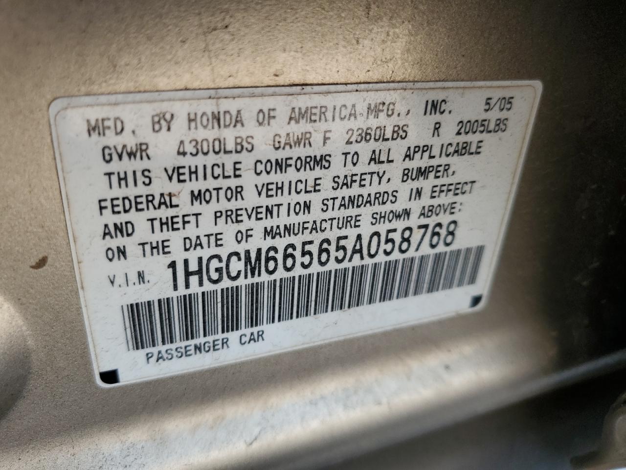 2005 Honda Accord Ex VIN: 1HGCM66565A058768 Lot: 60927204