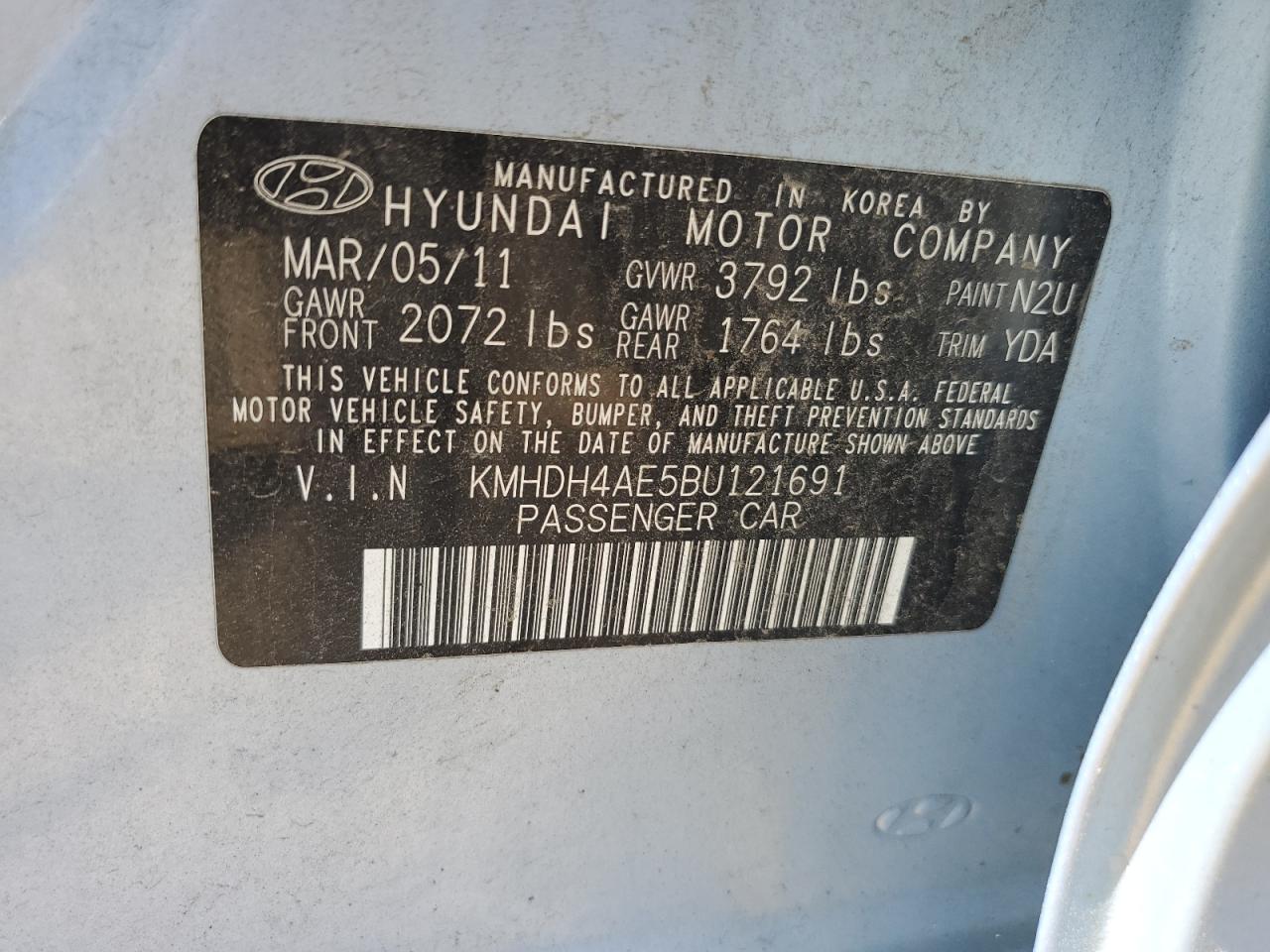 2011 Hyundai Elantra Gls VIN: KMHDH4AE5BU121691 Lot: 67642284