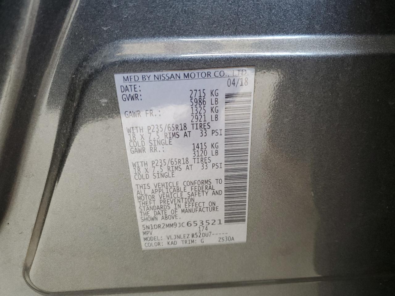 2018 Nissan Pathfinder S VIN: 5N1DR2MM9JC653521 Lot: 60390794