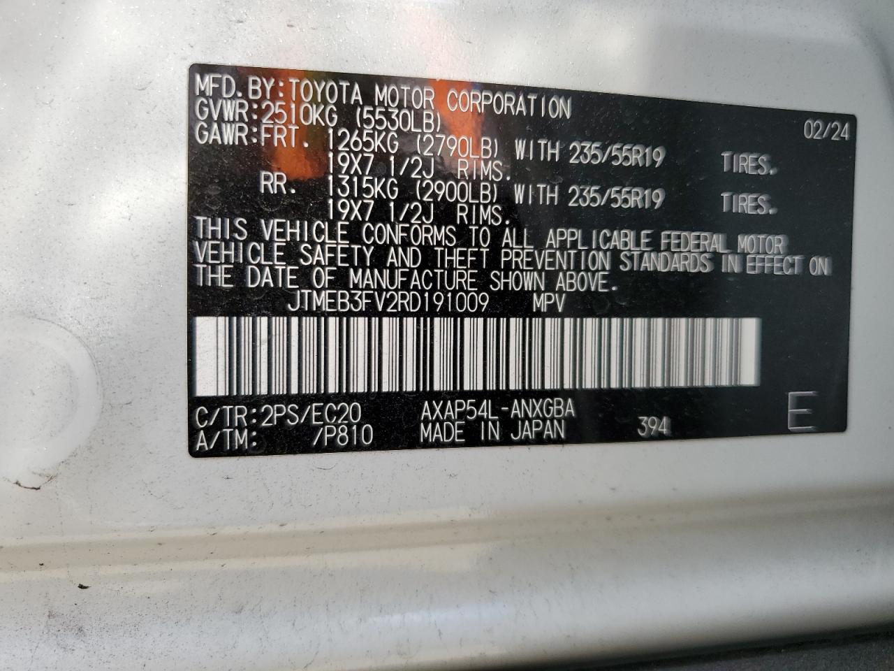 2024 Toyota Rav4 Prime Xse VIN: JTMEB3FV2RD191009 Lot: 58192594