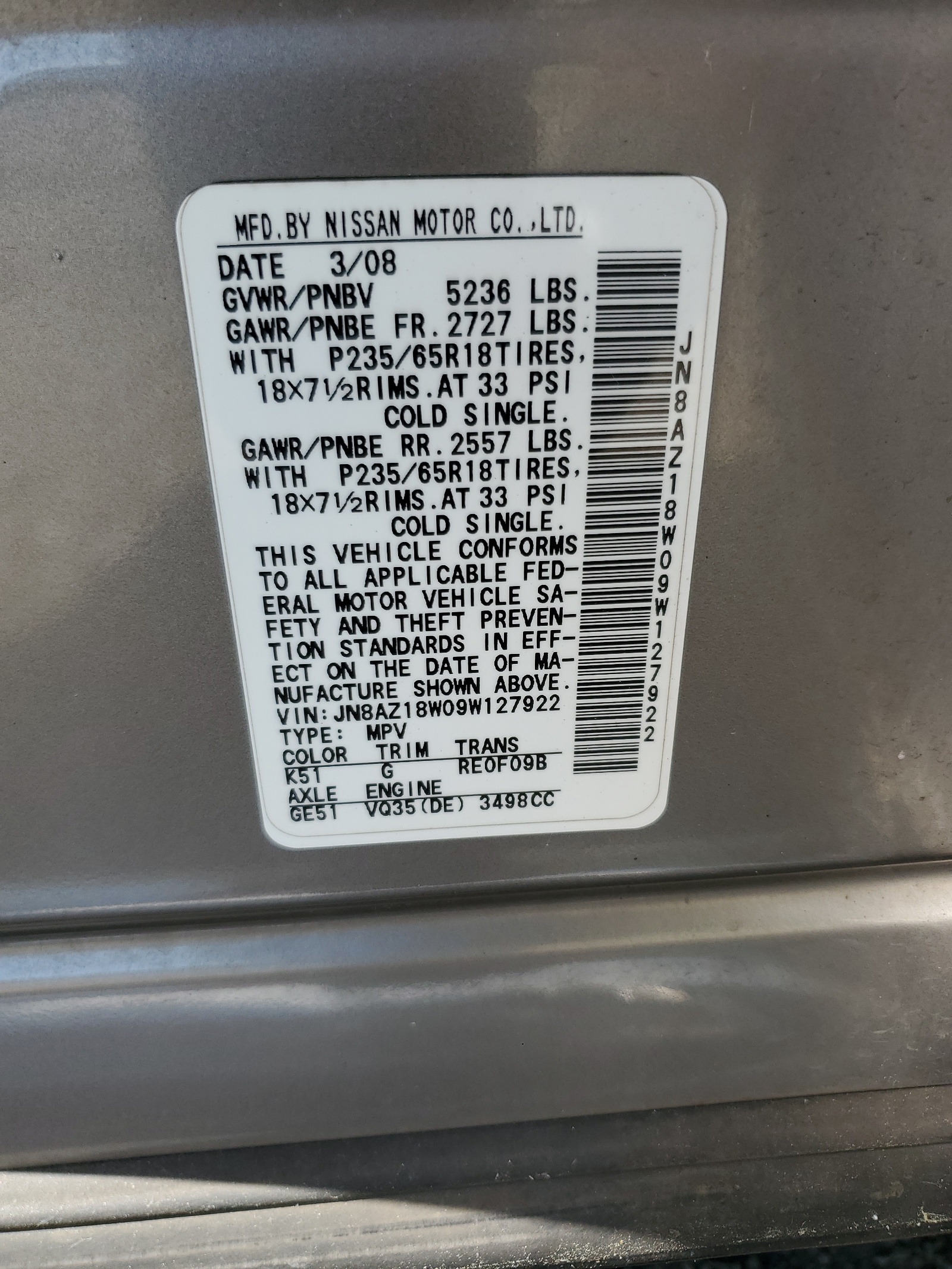 JN8AZ18W09W127922 2009 Nissan Murano S