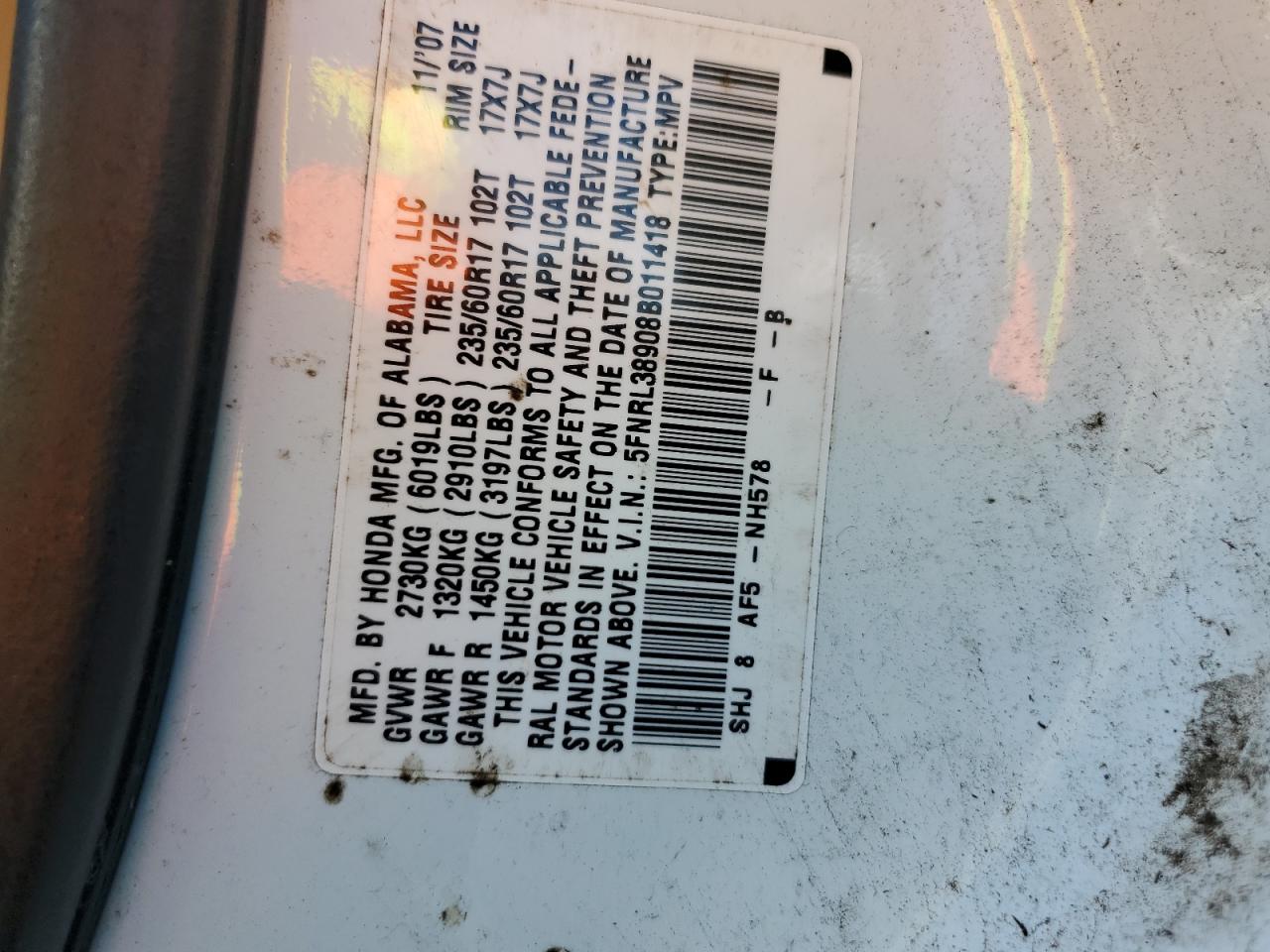 5FNRL38908B011418 2008 Honda Odyssey Touring
