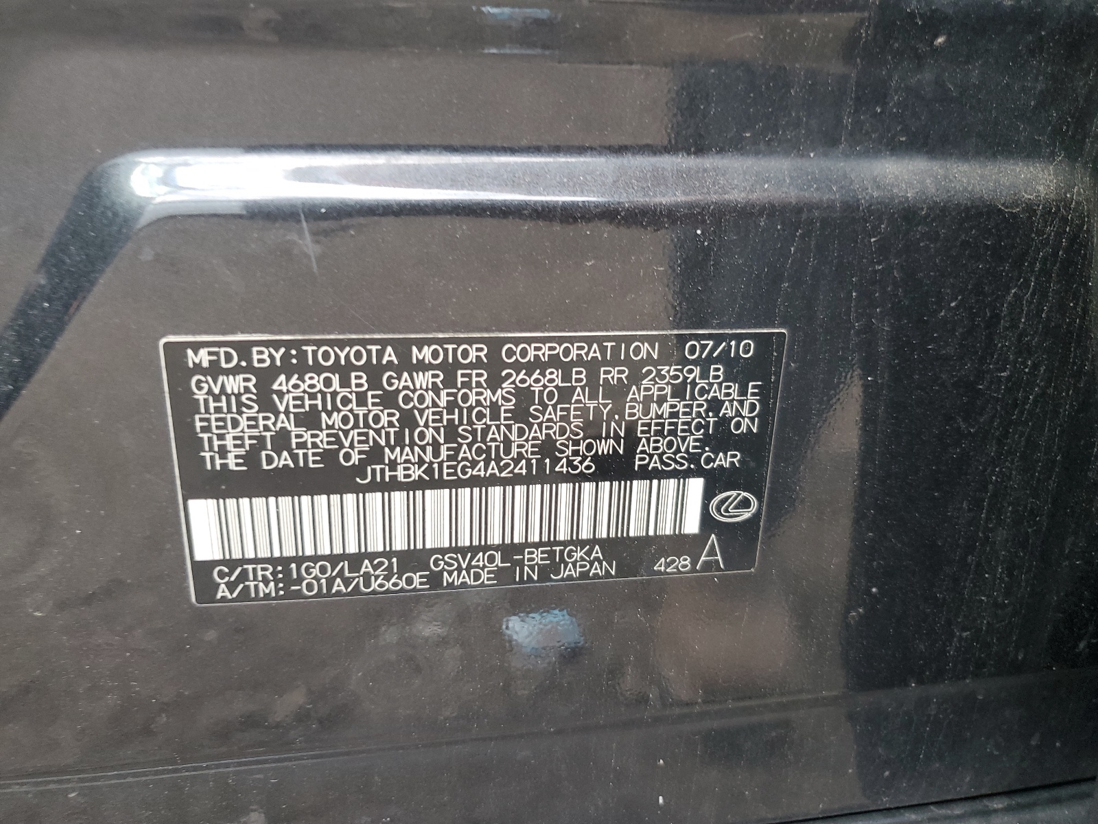 JTHBK1EG4A2411436 2010 Lexus Es 350