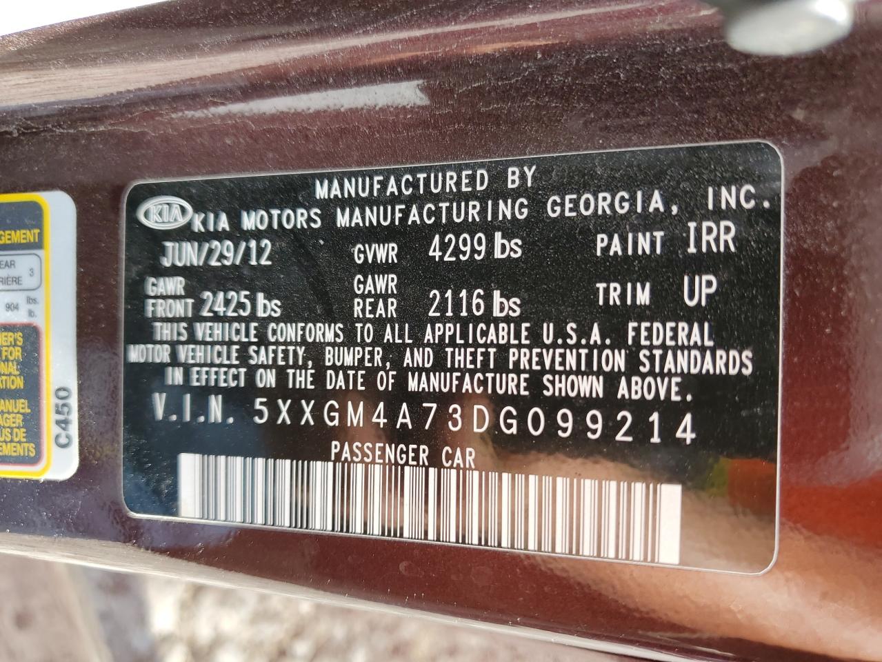 2013 Kia Optima Lx VIN: 5XXGM4A73DG099214 Lot: 60380344