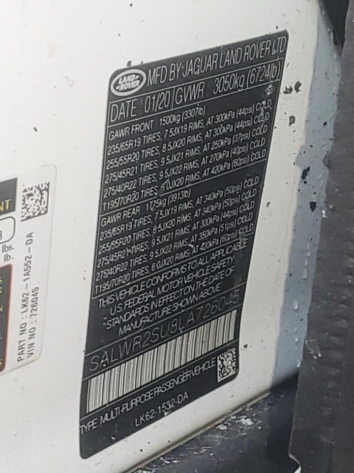 2020 Land Rover Range Rover Sport Hse VIN: SALWR2SU8LA726045 Lot: 58438724