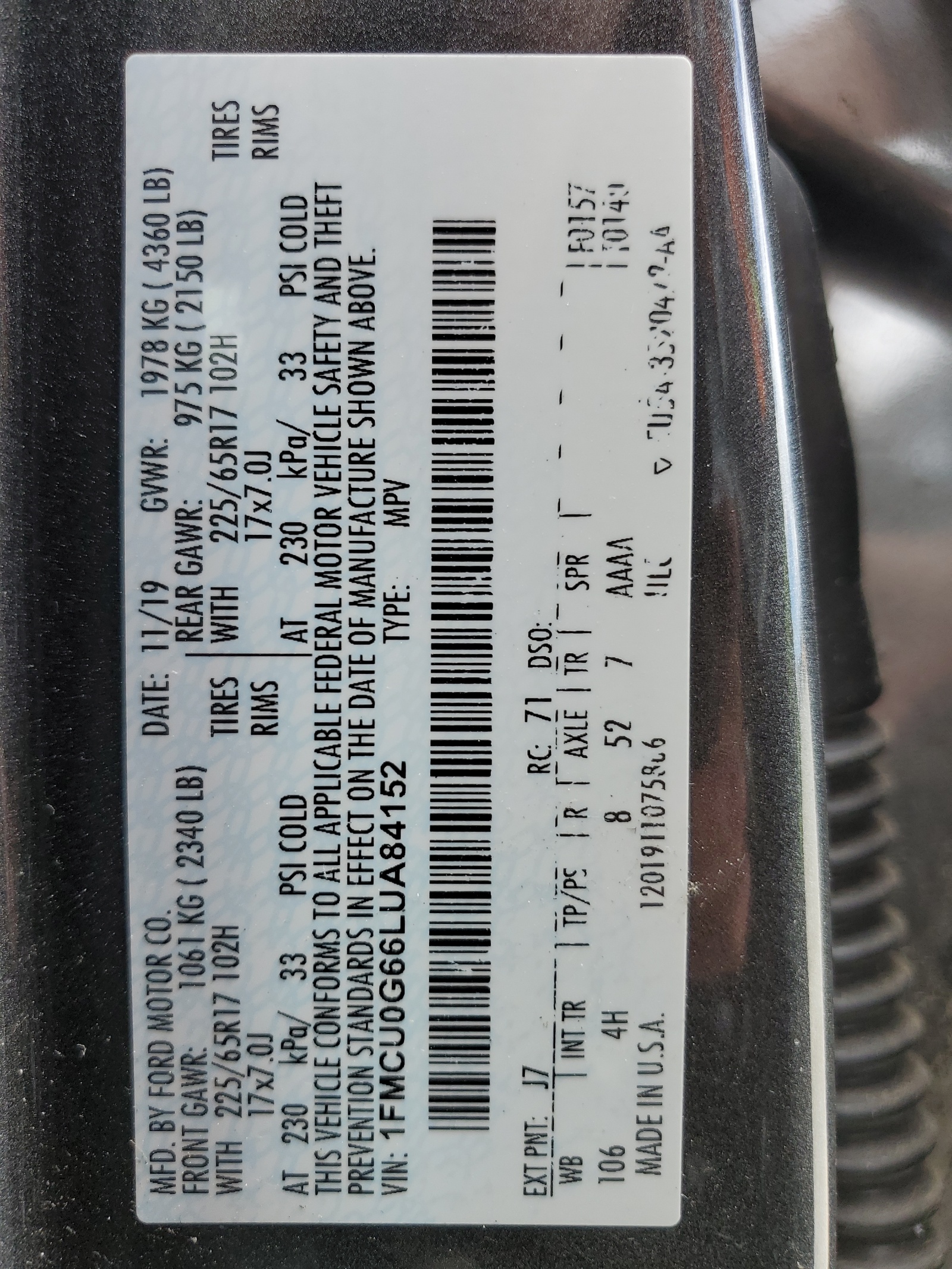 1FMCU0G66LUA84152 2020 Ford Escape Se