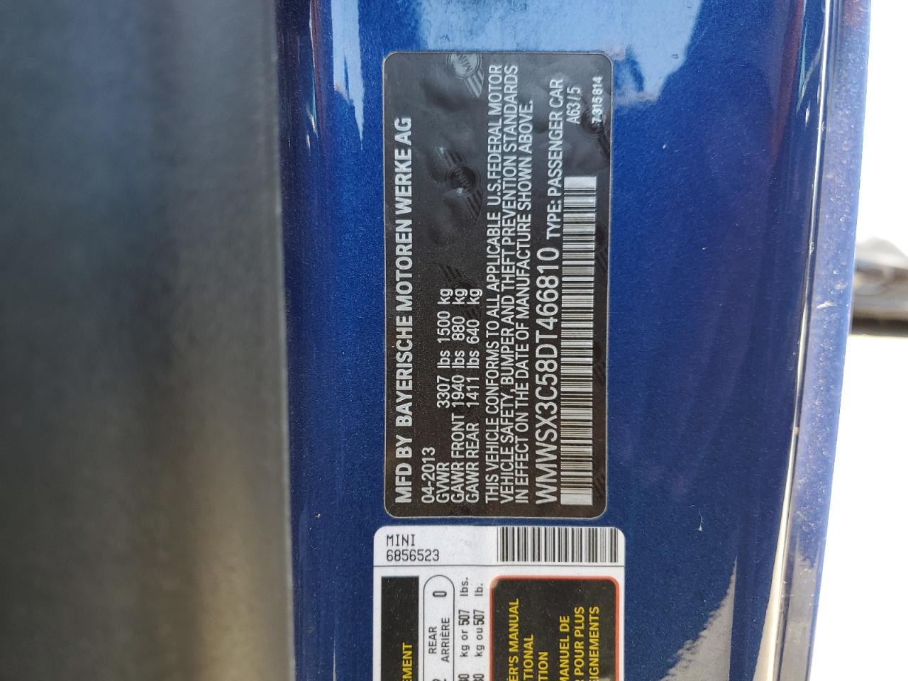 2013 Mini Cooper Coupe S VIN: WMWSX3C58DT466810 Lot: 59784034