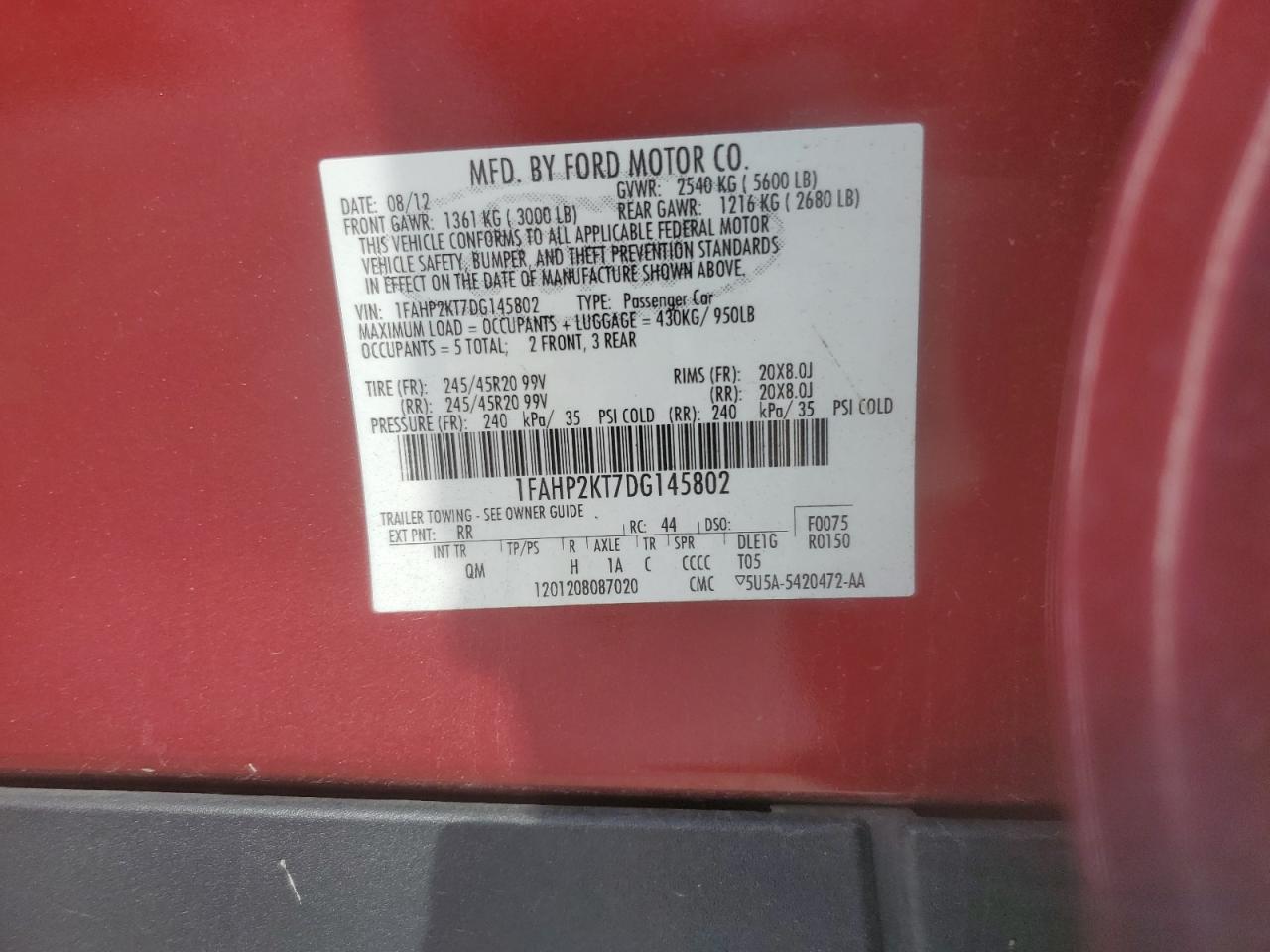 2013 Ford Taurus Sho VIN: 1FAHP2KT7DG145802 Lot: 55930325