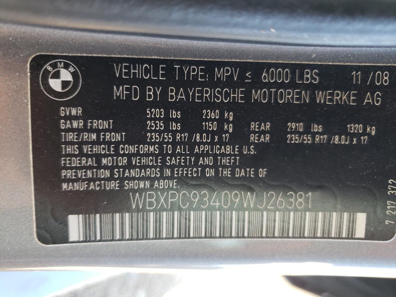 2009 BMW X3 xDrive30I VIN: WBXPC93409WJ26381 Lot: 60275324