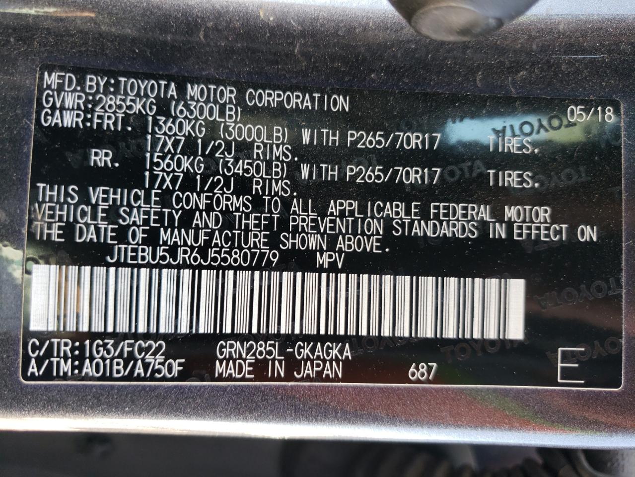 2018 Toyota 4Runner Sr5/Sr5 Premium VIN: JTEBU5JR6J5580779 Lot: 60302664