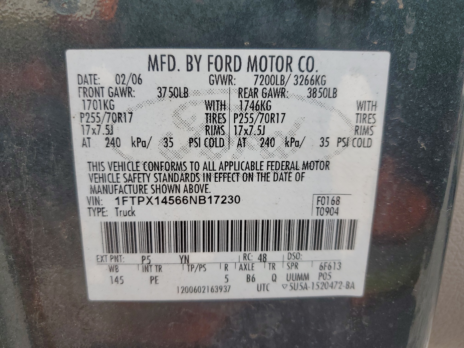 1FTPX14566NB17230 2006 Ford F150