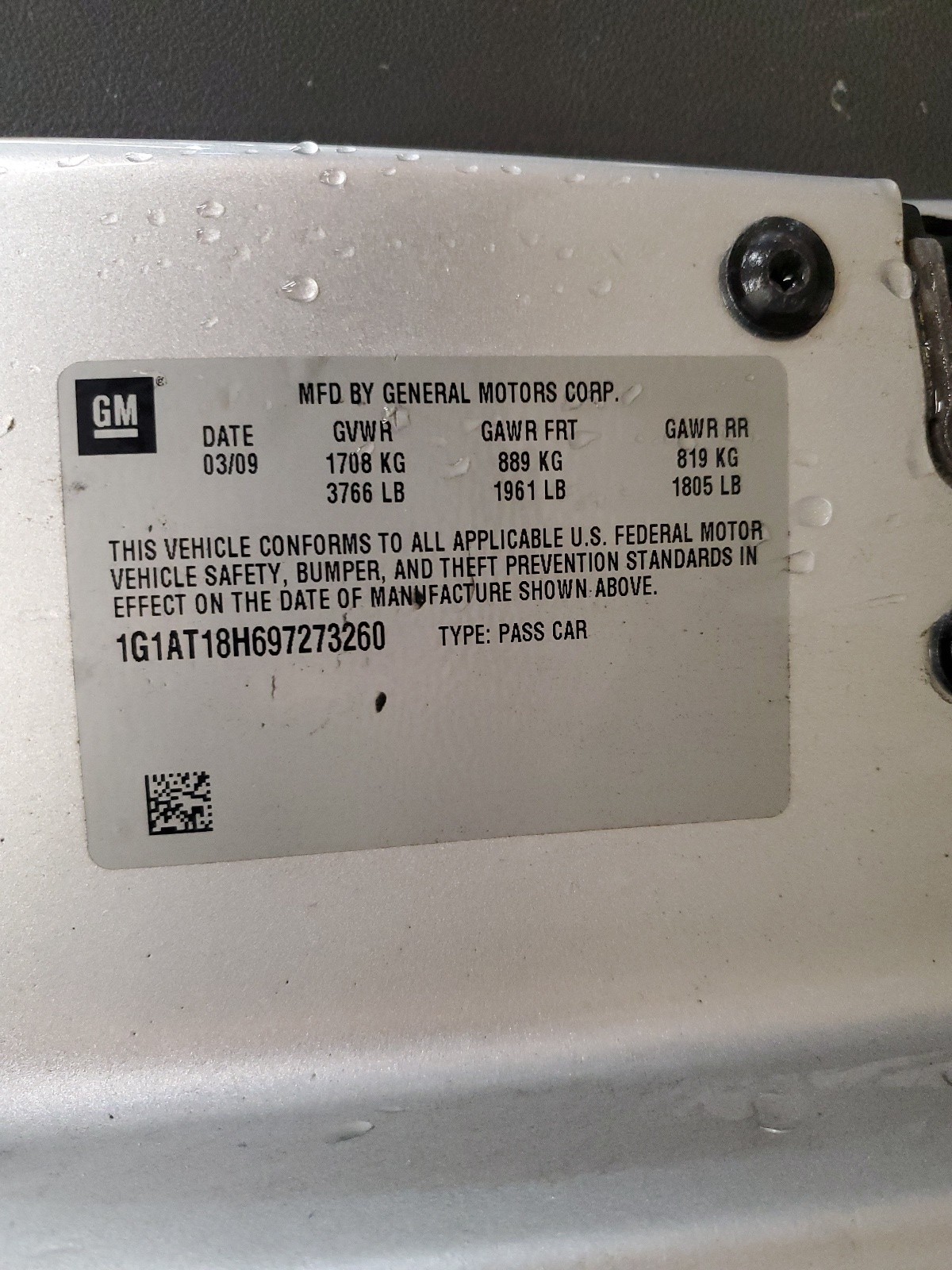 1G1AT18H697273260 2009 Chevrolet Cobalt Lt