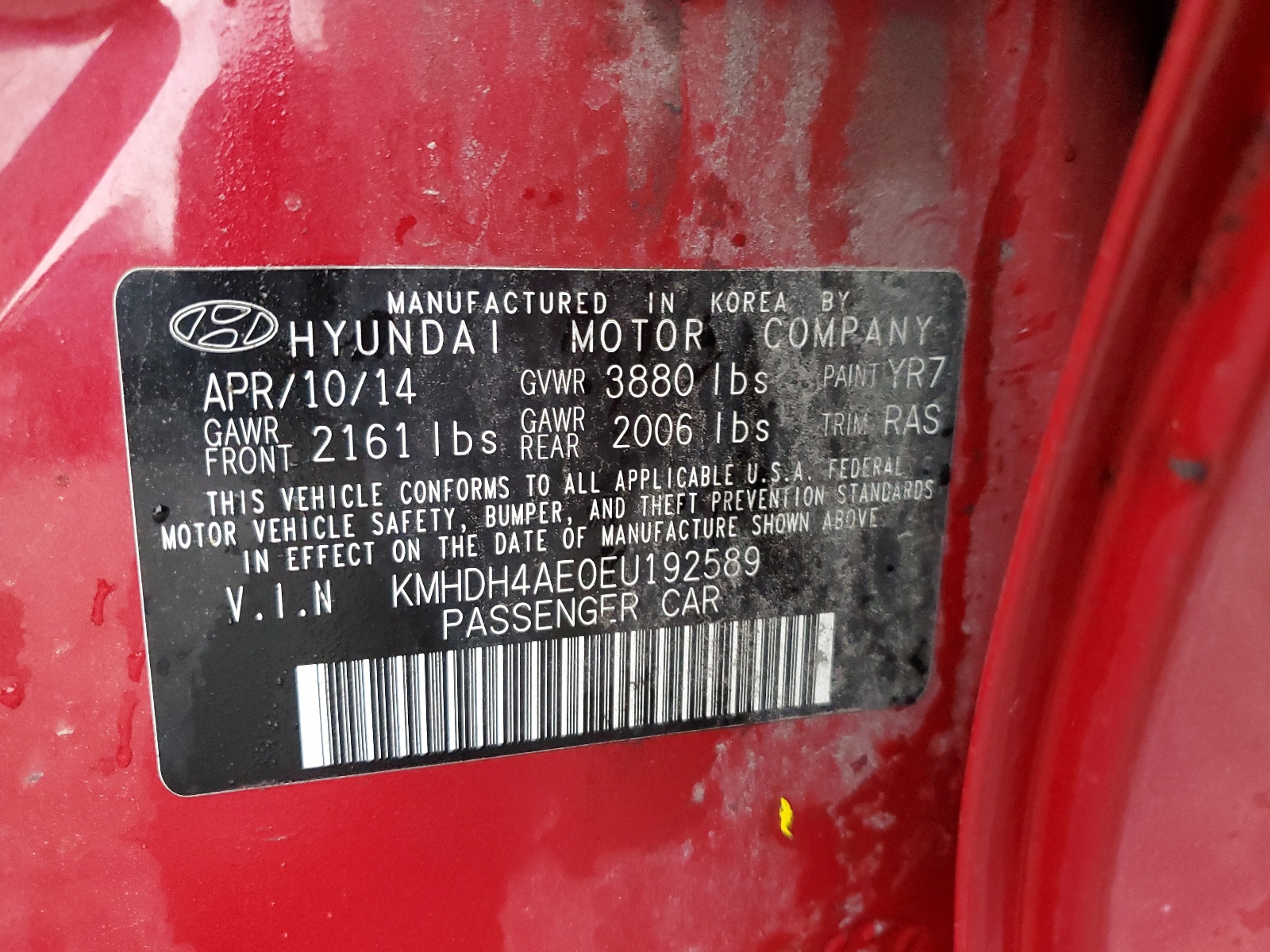 2014 Hyundai Elantra Se vin: KMHDH4AE0EU192589