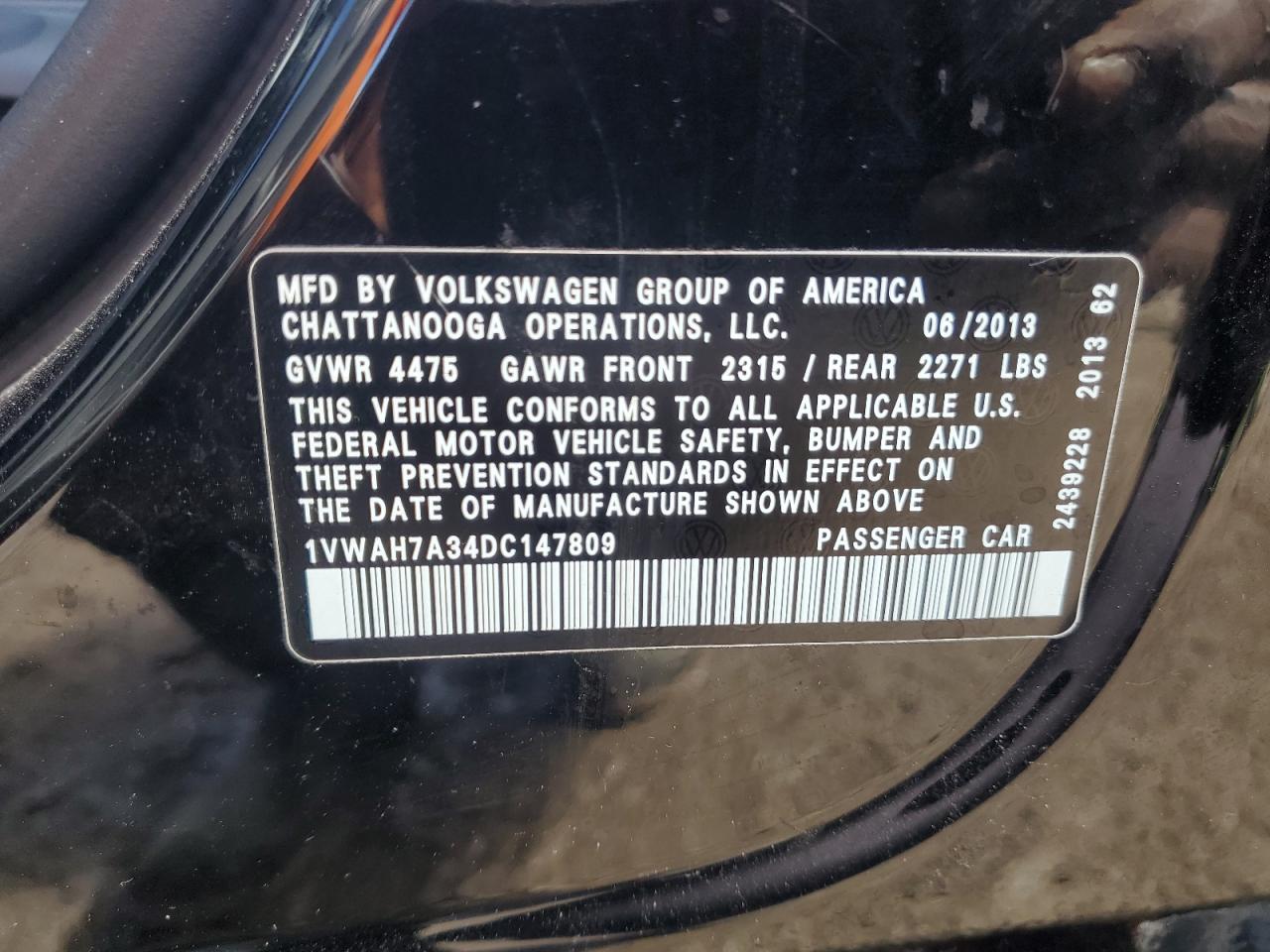 2013 Volkswagen Passat S VIN: 1VWAH7A34DC147809 Lot: 60056974