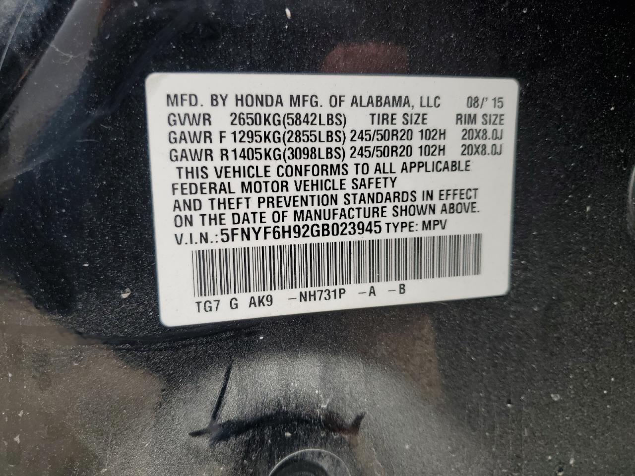 2016 Honda Pilot Touring VIN: 5FNYF6H92GB023945 Lot: 61094484