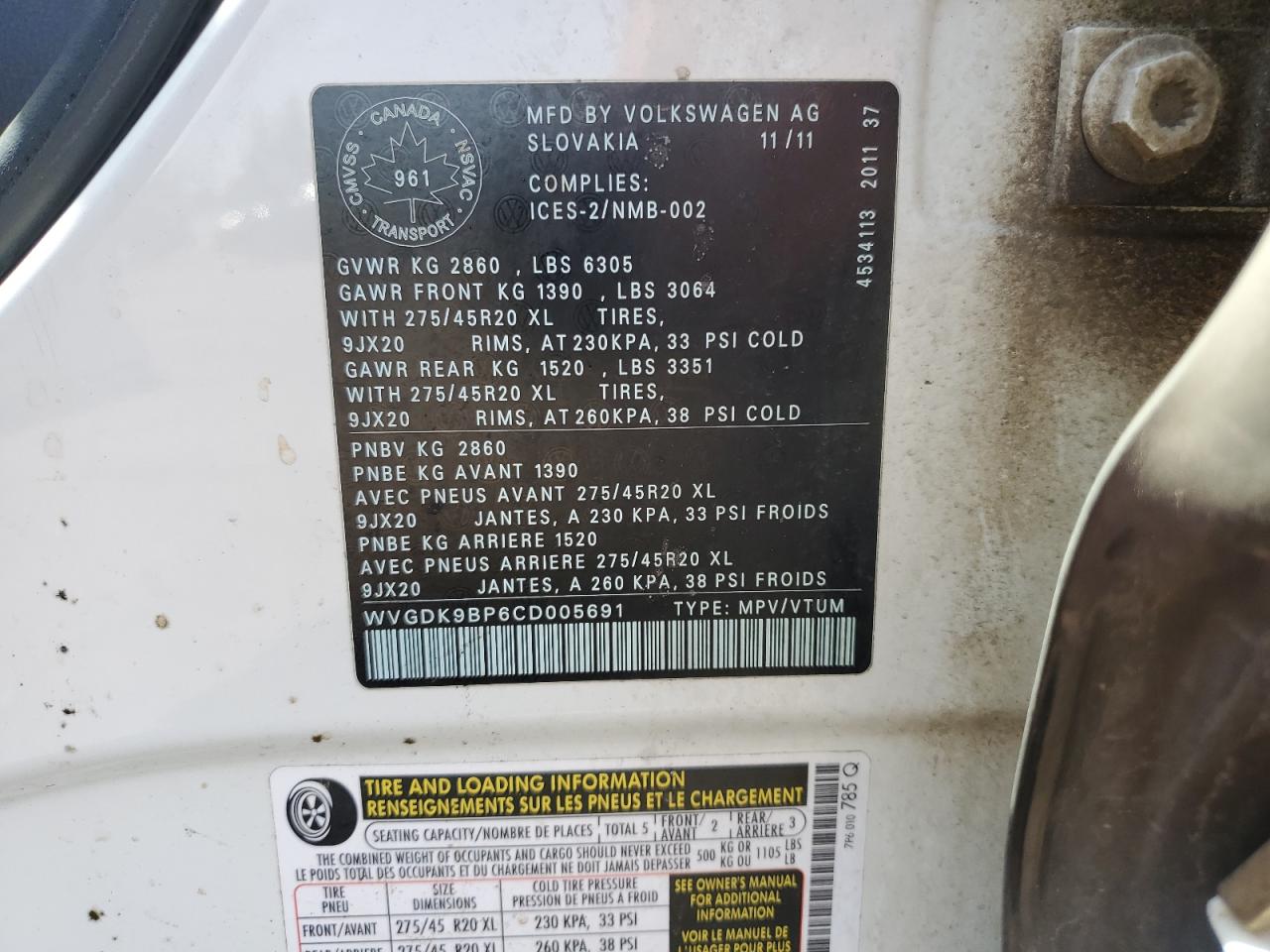 WVGDK9BP6CD005691 2012 Volkswagen Touareg Tdi