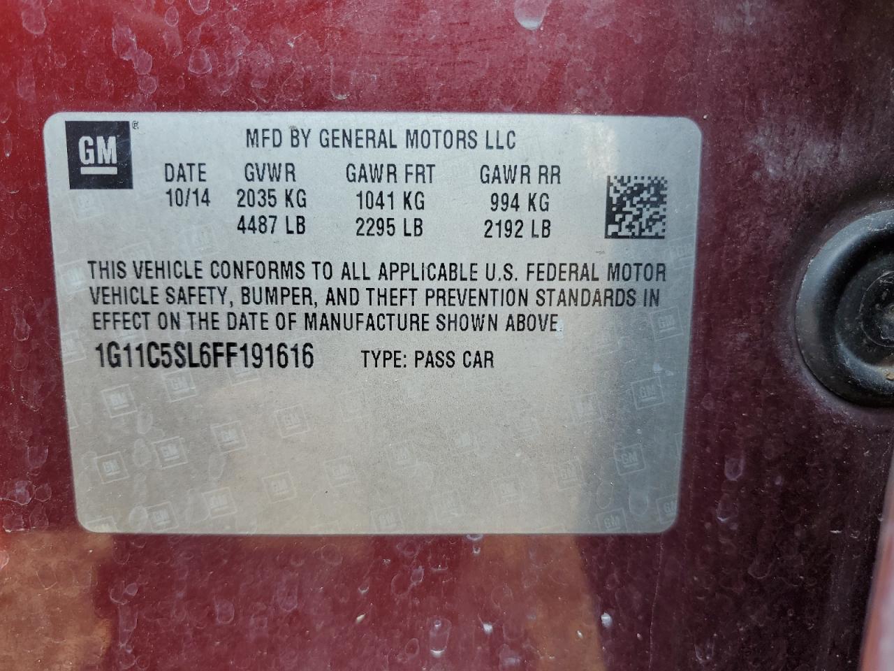 CHEVROLET MALIBU 2015 VIN 1G11C5SL6FF191616 фото 12