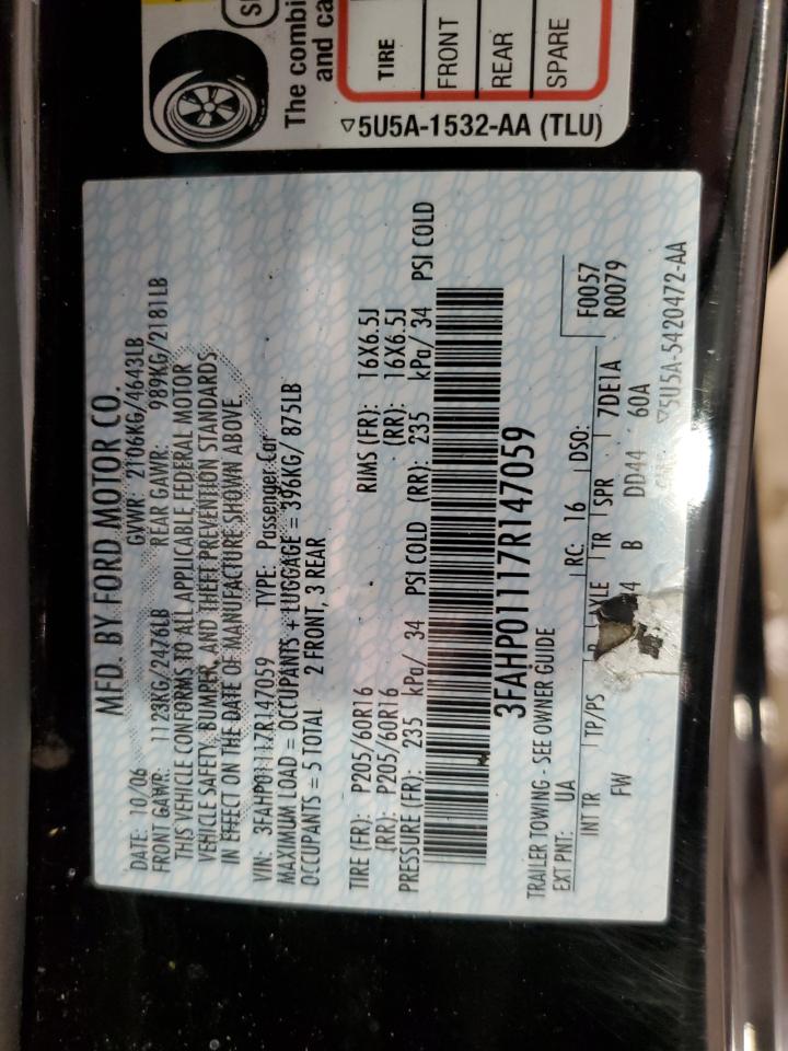 2007 Ford Fusion Se VIN: 3FAHP01117R147059 Lot: 60702914