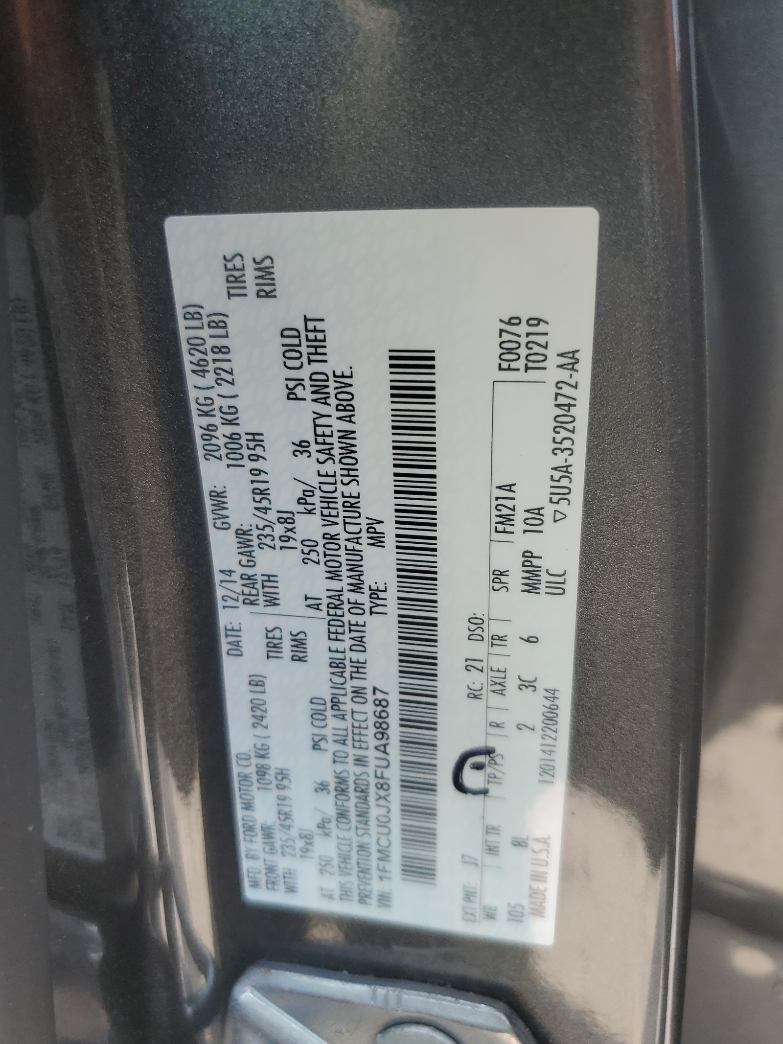 1FMCU0JX8FUA98687 2015 Ford Escape Titanium