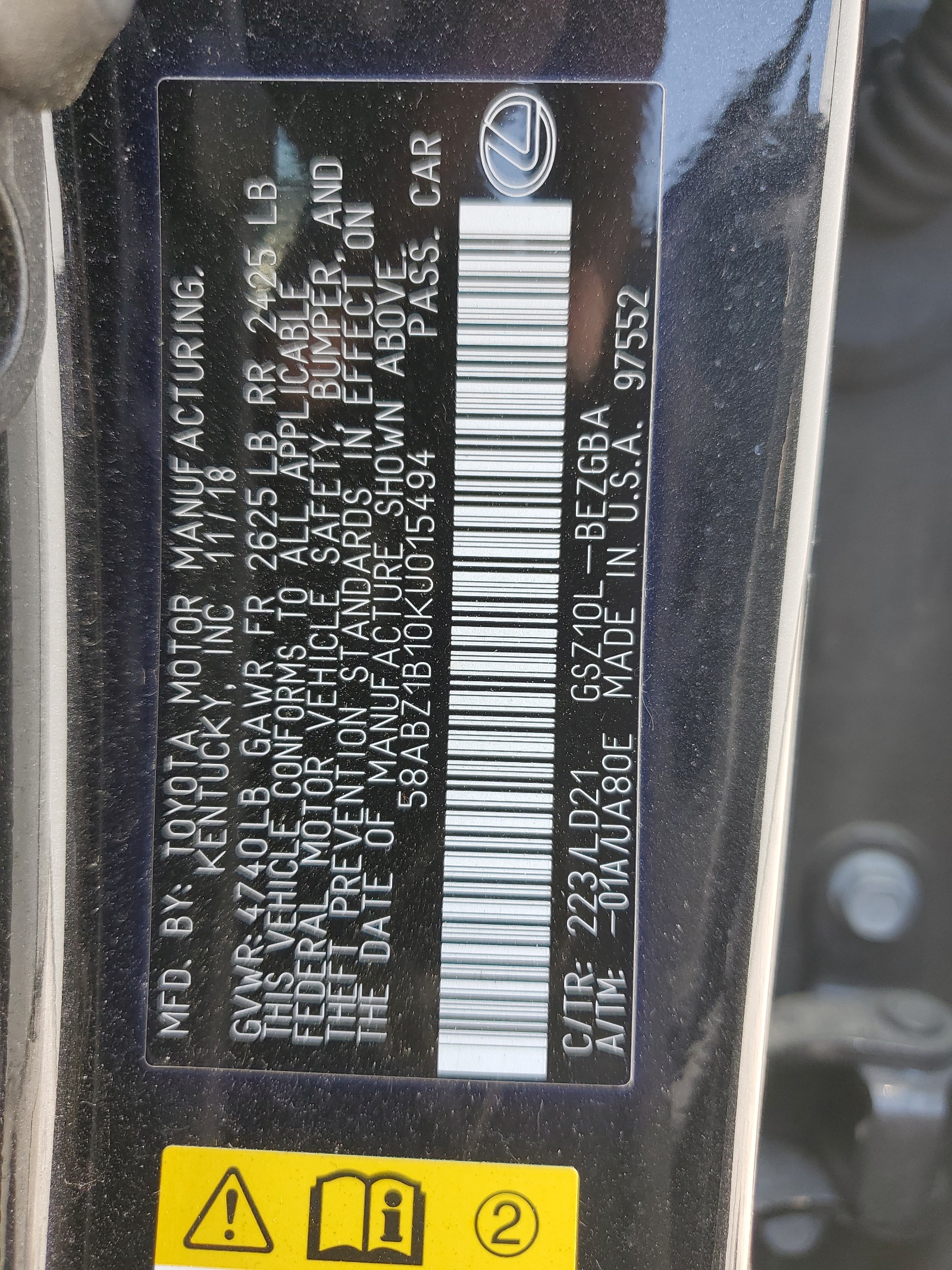 58ABZ1B10KU015494 2019 Lexus Es 350