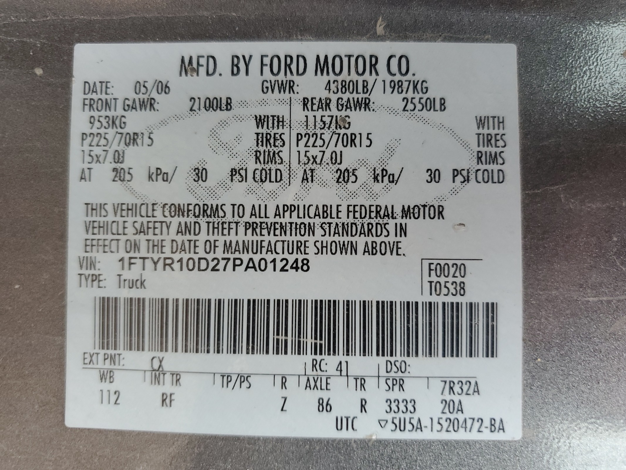 1FTYR10D27PA01248 2007 Ford Ranger