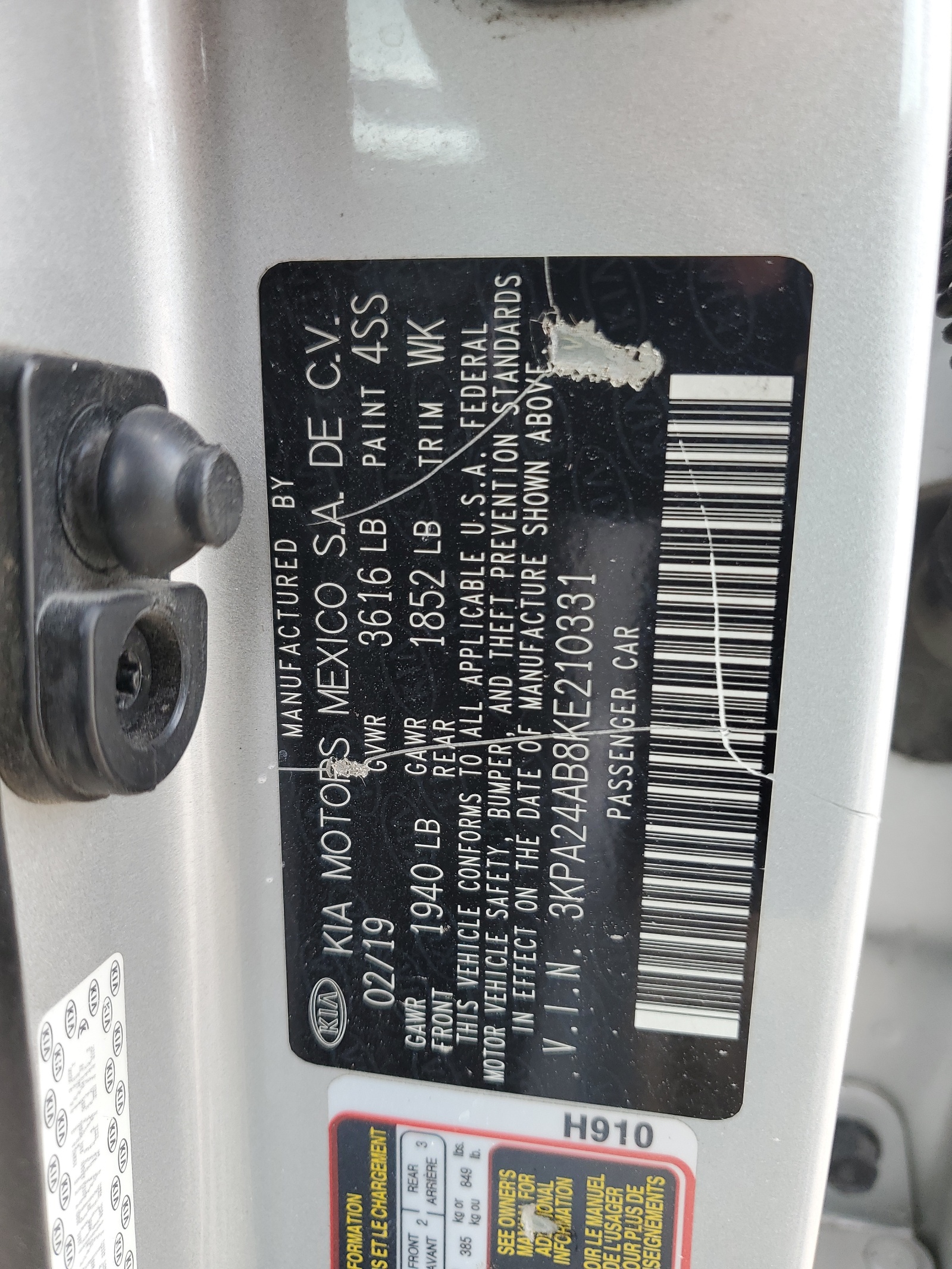 3KPA24AB8KE210331 2019 Kia Rio S