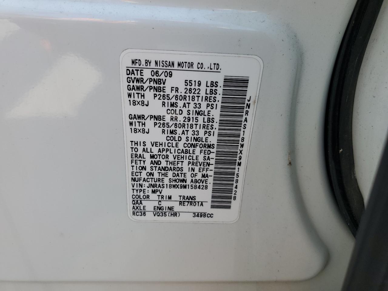 2009 Infiniti Fx35 VIN: JNRAS18WX9M158428 Lot: 80905744