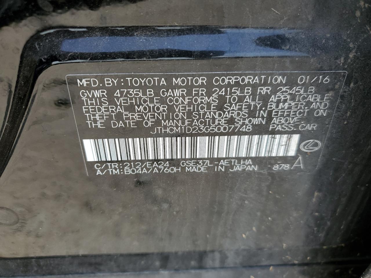 2016 Lexus Is 300 VIN: JTHCM1D23G5007748 Lot: 57119254