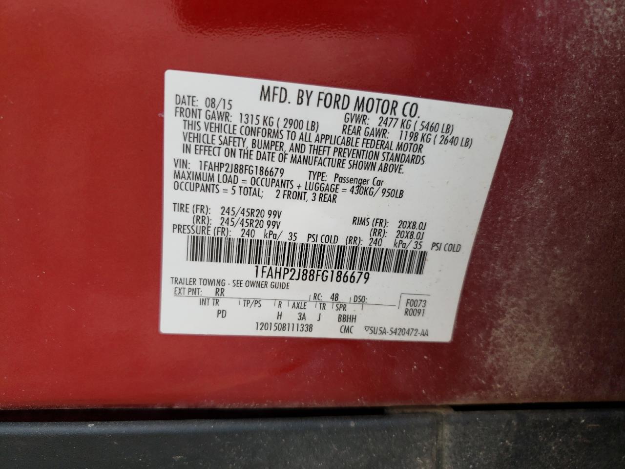 2015 Ford Taurus Limited VIN: 1FAHP2J88FG186679 Lot: 59961654