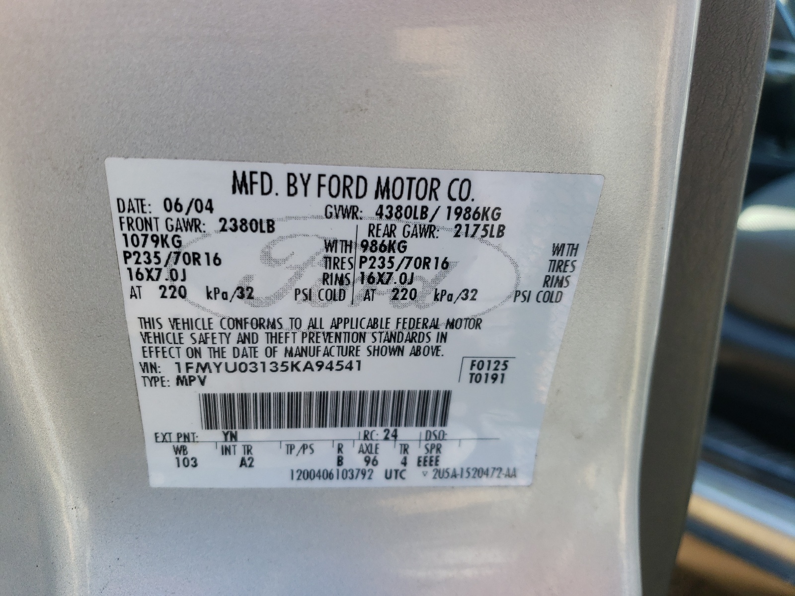 1FMYU03135KA94541 2005 Ford Escape Xlt