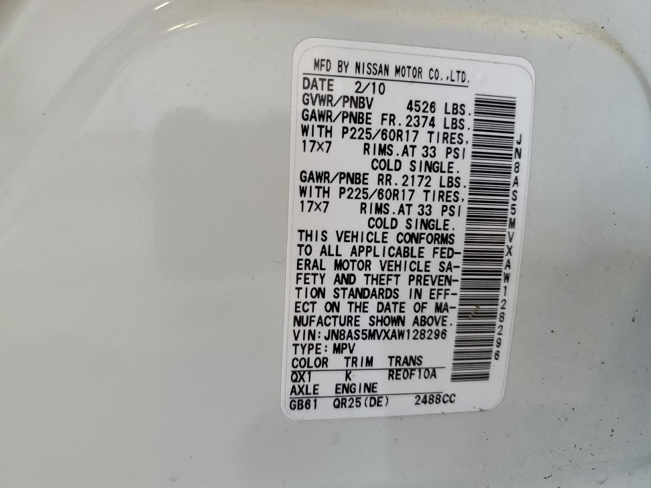 2010 Nissan Rogue S VIN: JN8AS5MVXAW128296 Lot: 59957674