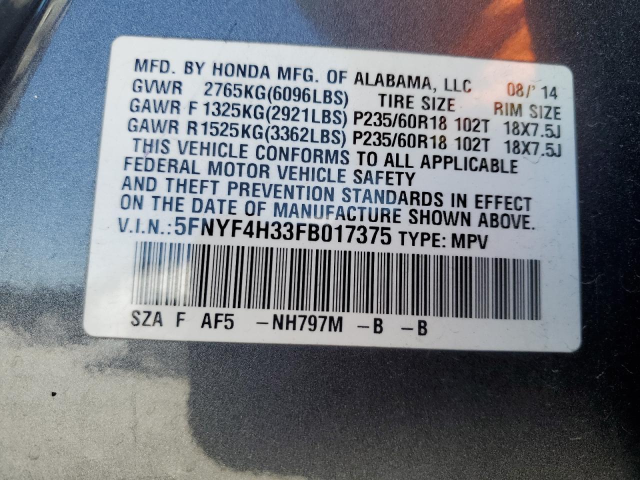 5FNYF4H33FB017375 2015 HONDA PILOT - Image 12