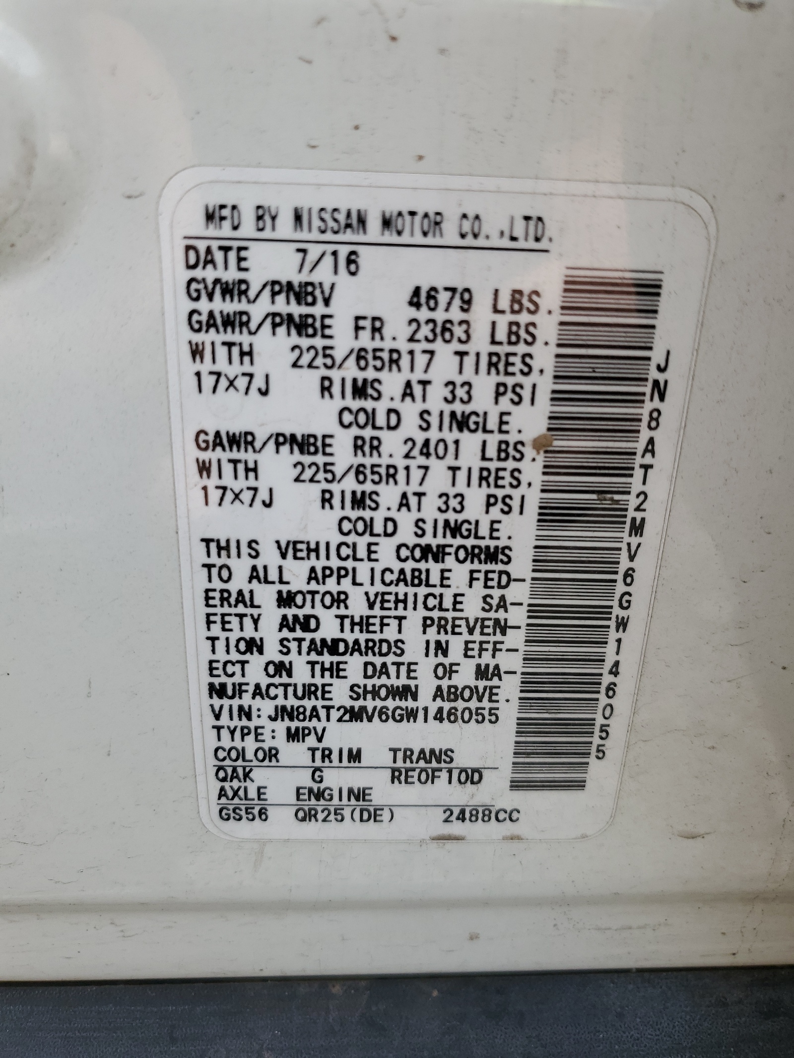 JN8AT2MV6GW146055 2016 Nissan Rogue S