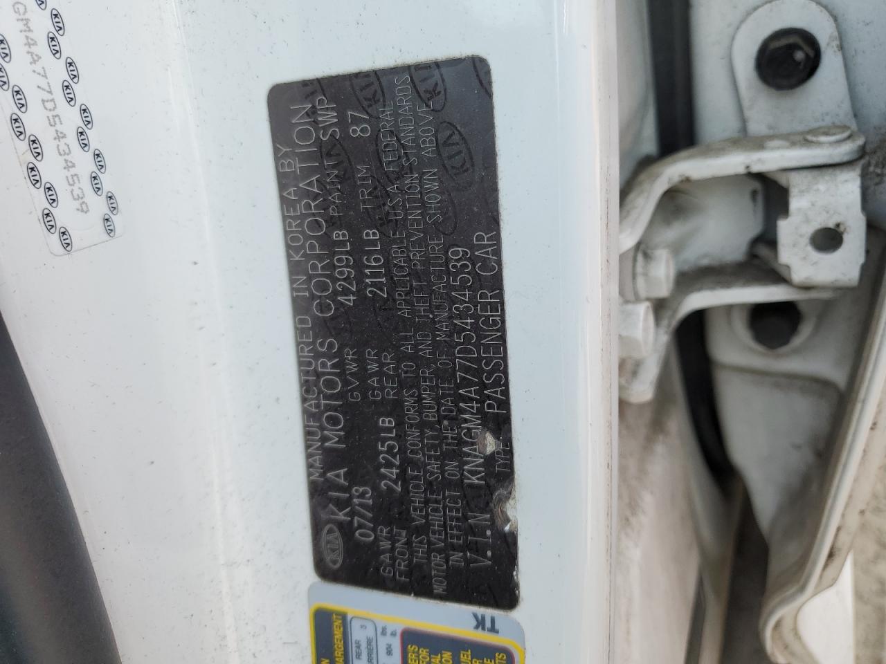 2013 Kia Optima Lx VIN: KNAGM4A77D5434539 Lot: 57716324