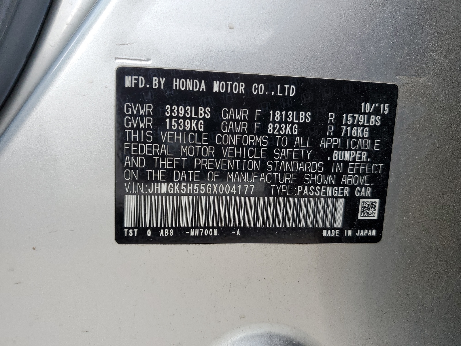 JHMGK5H55GX004177 2016 Honda Fit Lx