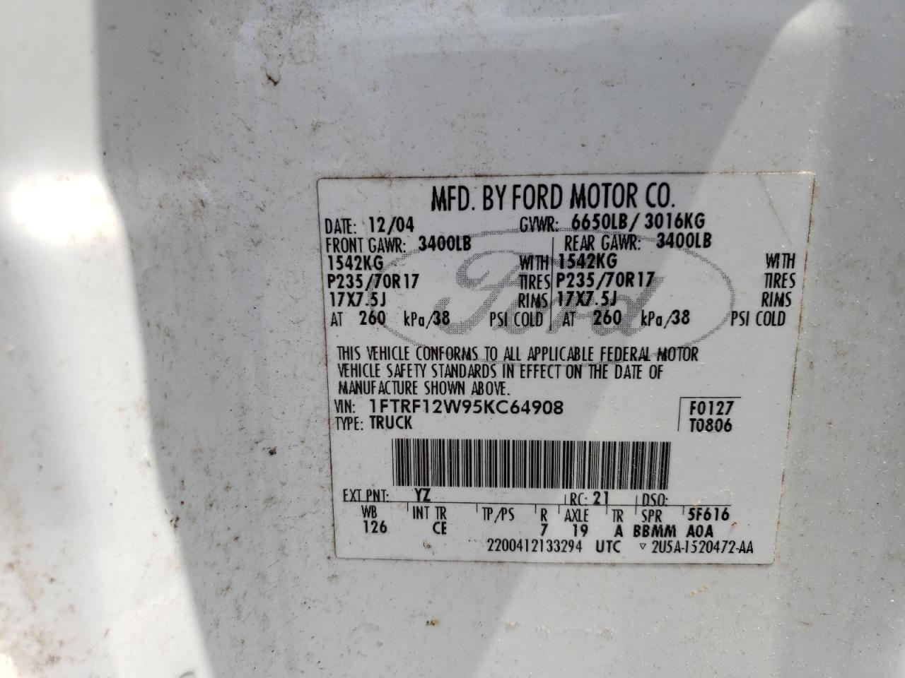 2005 Ford F150 VIN: 1FTRF12W95KC64908 Lot: 60491074