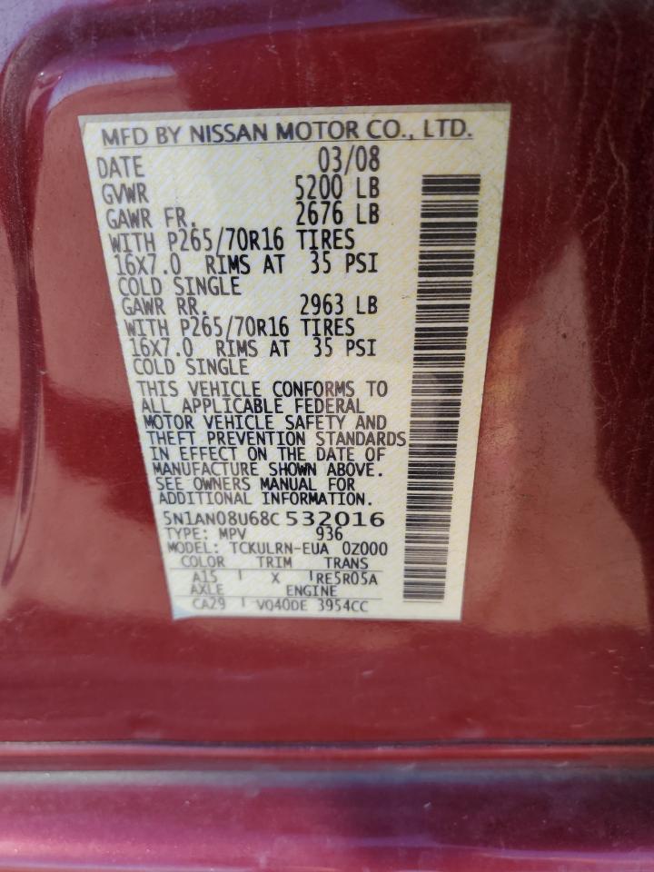 2008 Nissan Xterra Off Road VIN: 5N1AN08U68C532016 Lot: 58554994