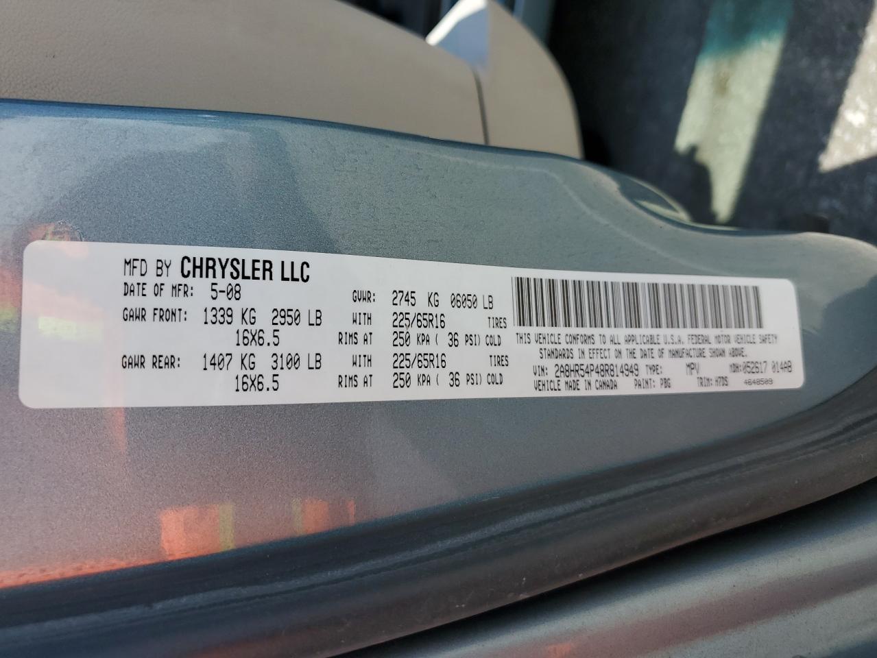 2008 Chrysler Town & Country Touring VIN: 2A8HR54P48R814949 Lot: 60634714