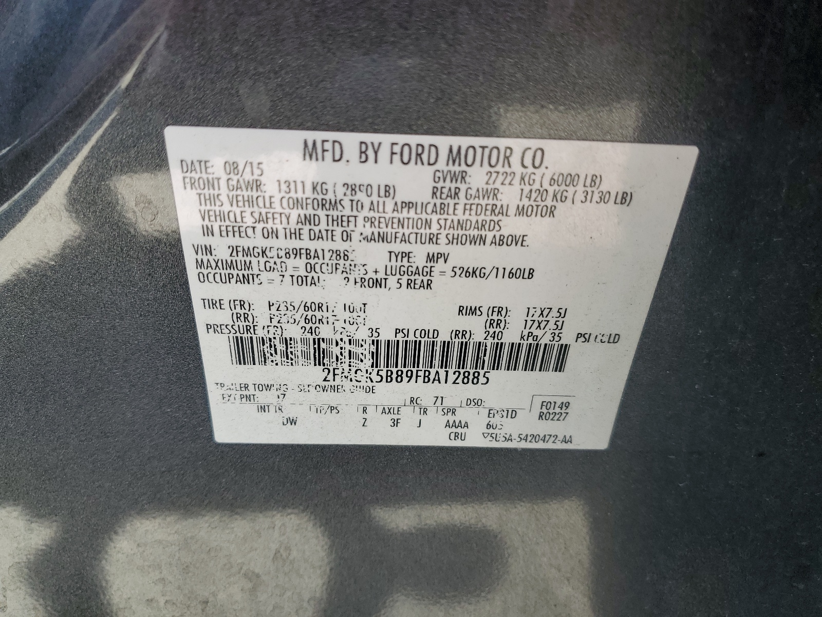 2FMGK5B89FBA12885 2015 Ford Flex Se