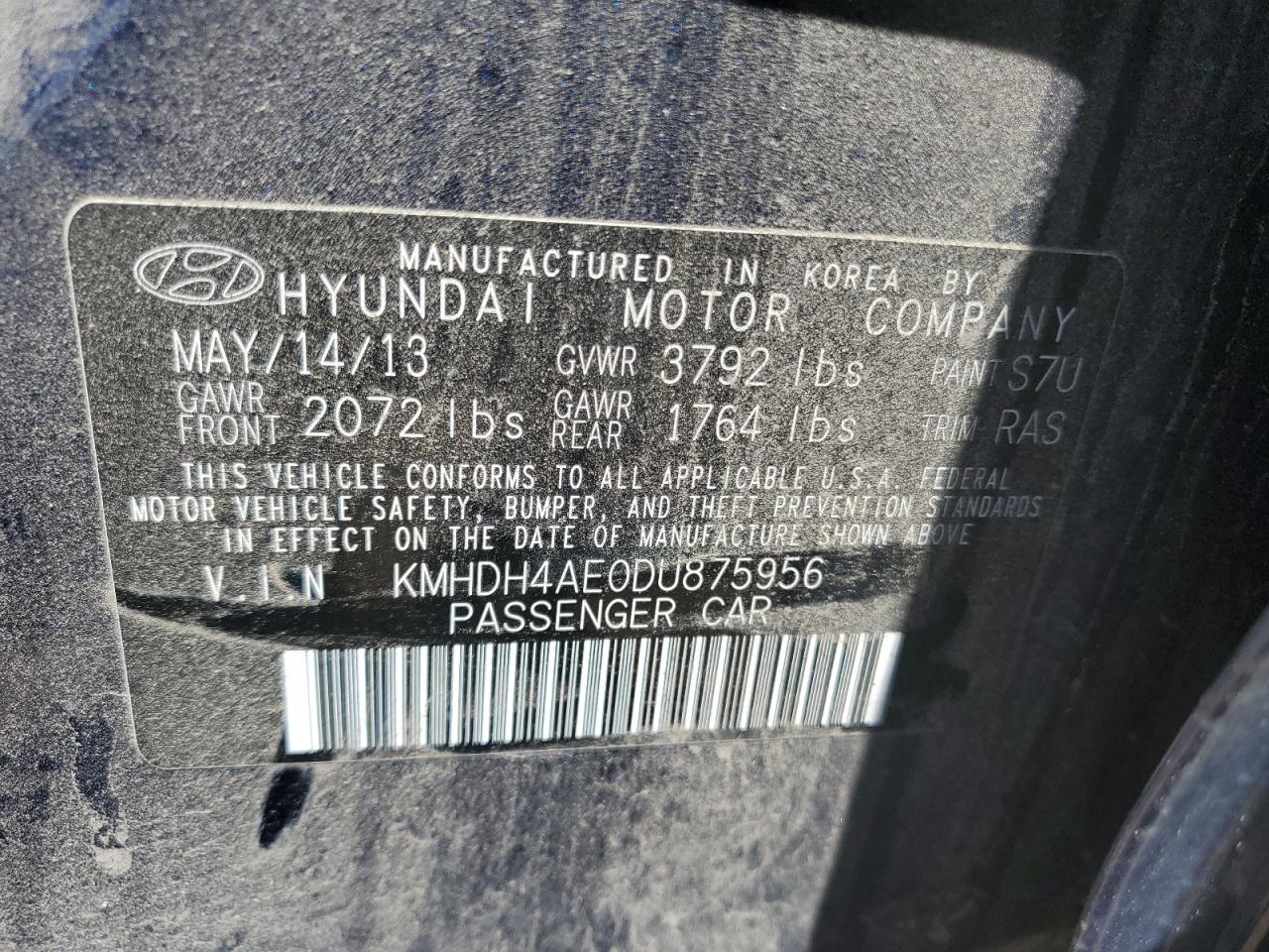 2013 Hyundai Elantra Gls VIN: KMHDH4AE0DU875956 Lot: 60624094