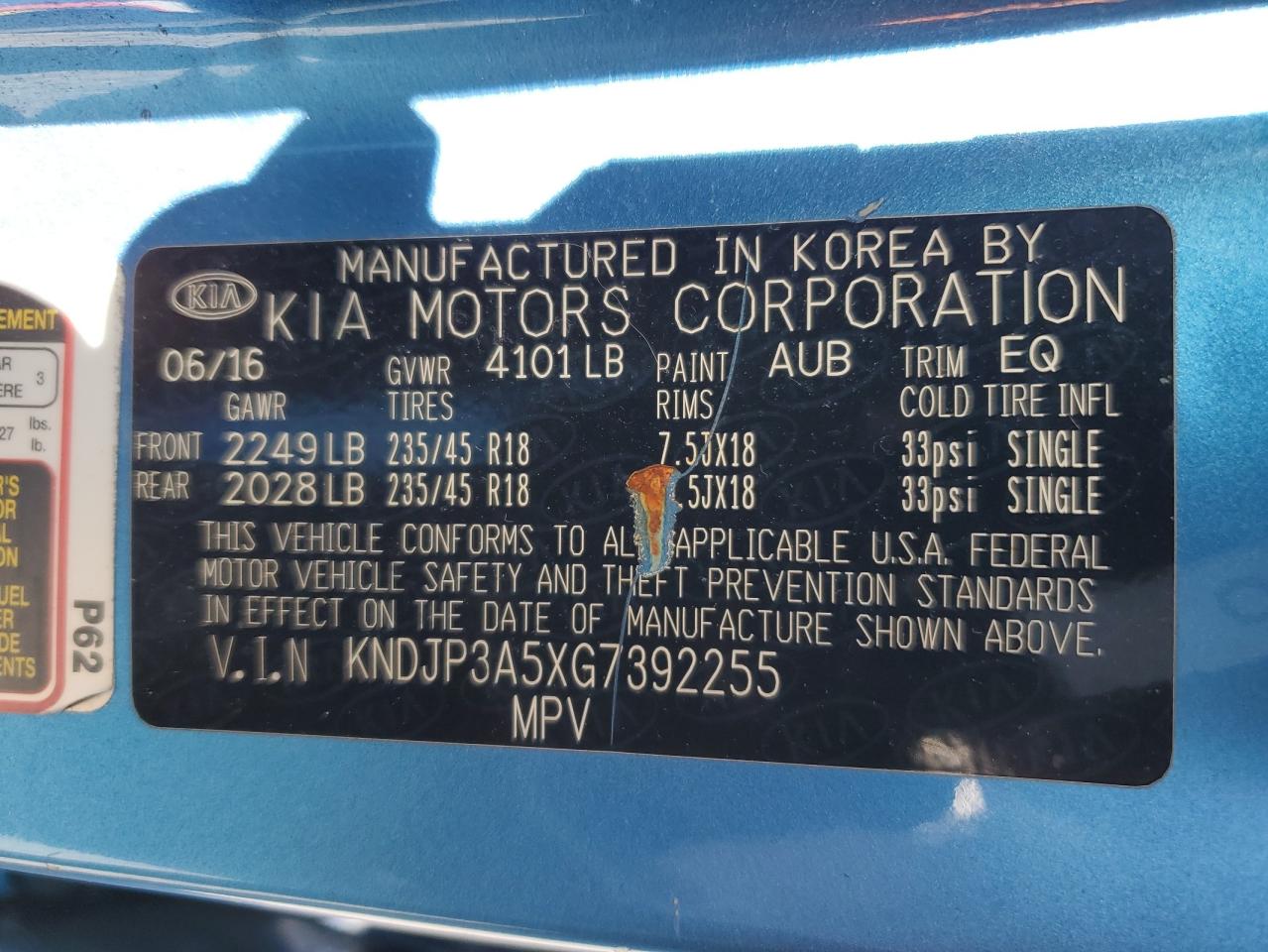 2016 Kia Soul + VIN: KNDJP3A5XG7392255 Lot: 58058114