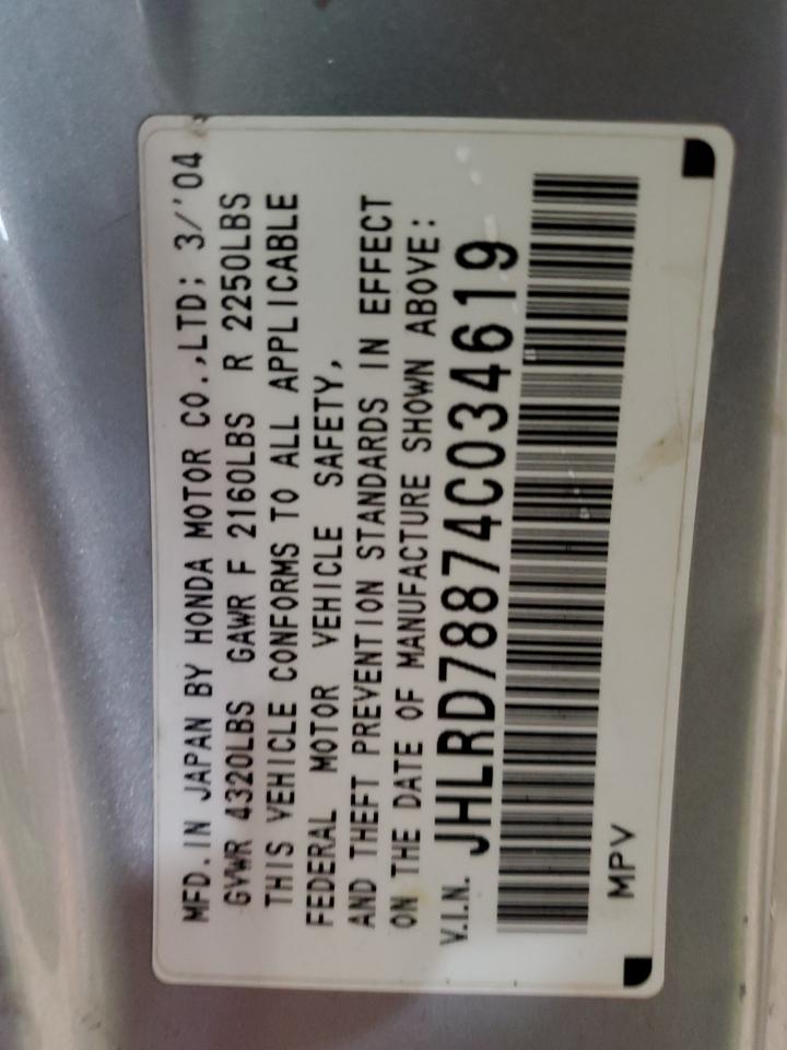 2004 Honda Cr-V Ex VIN: JHLRD78874C034619 Lot: 59309364