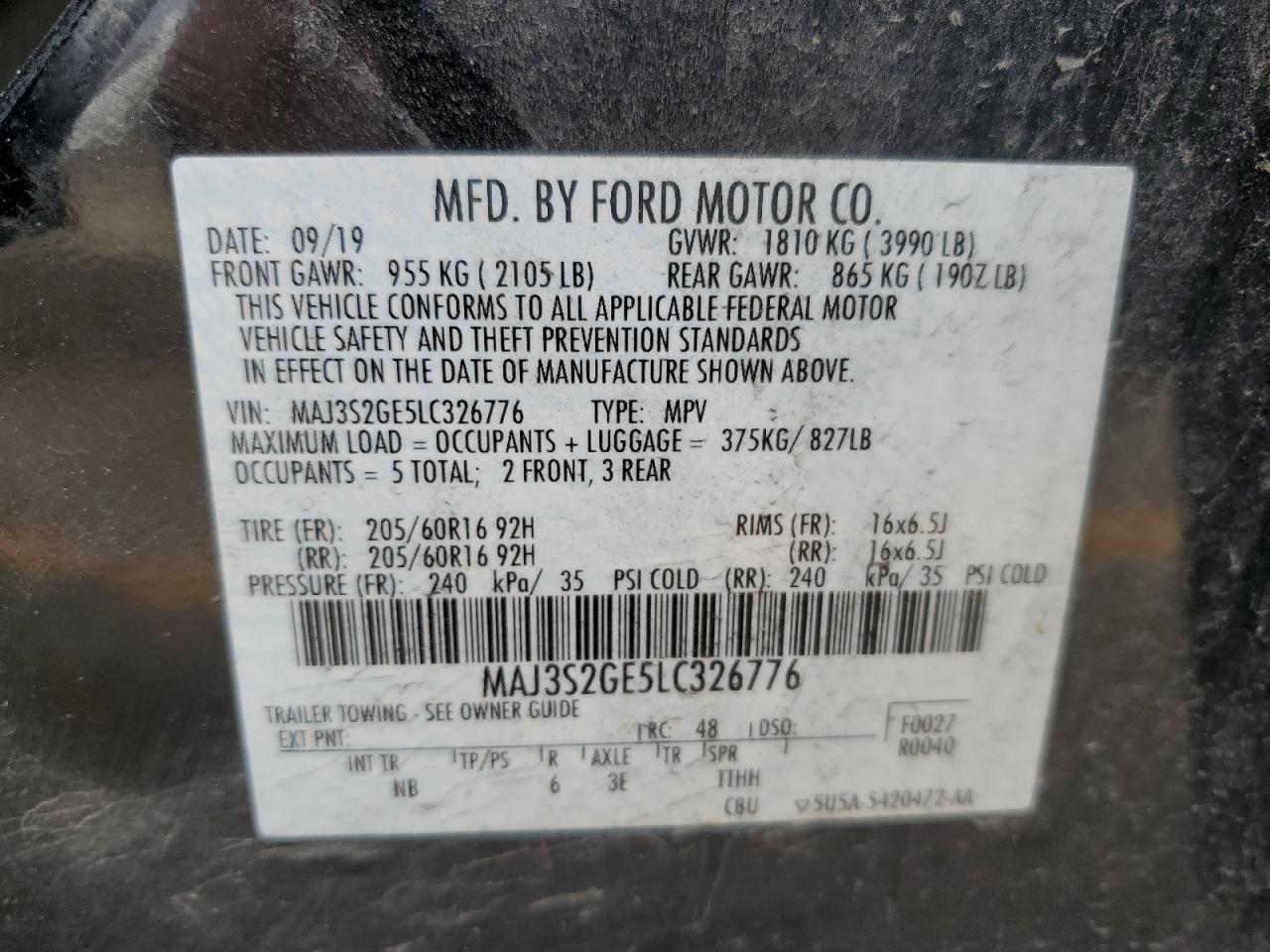 2020 Ford Ecosport Se VIN: MAJ3S2GE5LC326776 Lot: 59328754