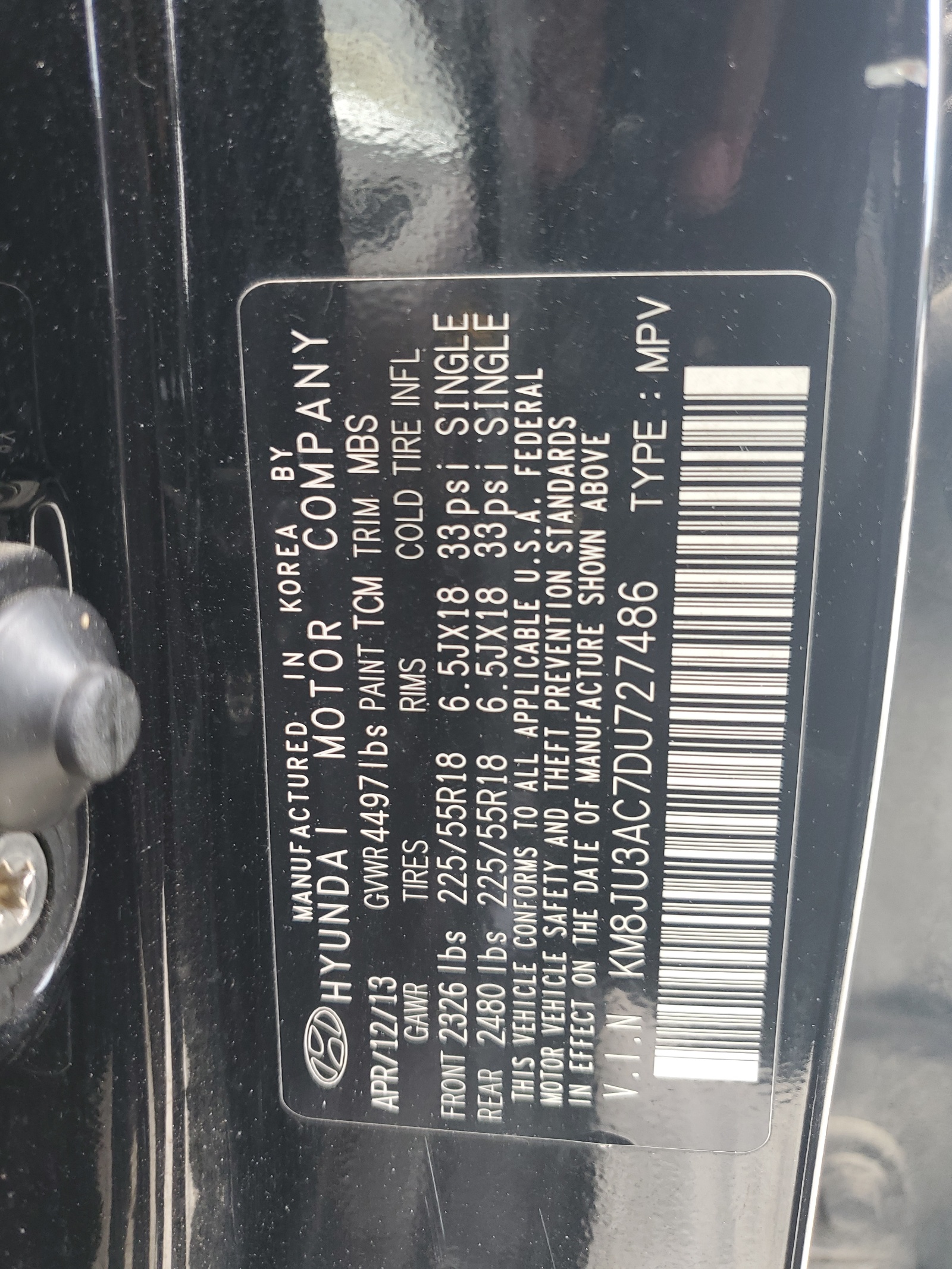 KM8JU3AC7DU727486 2013 Hyundai Tucson Gls