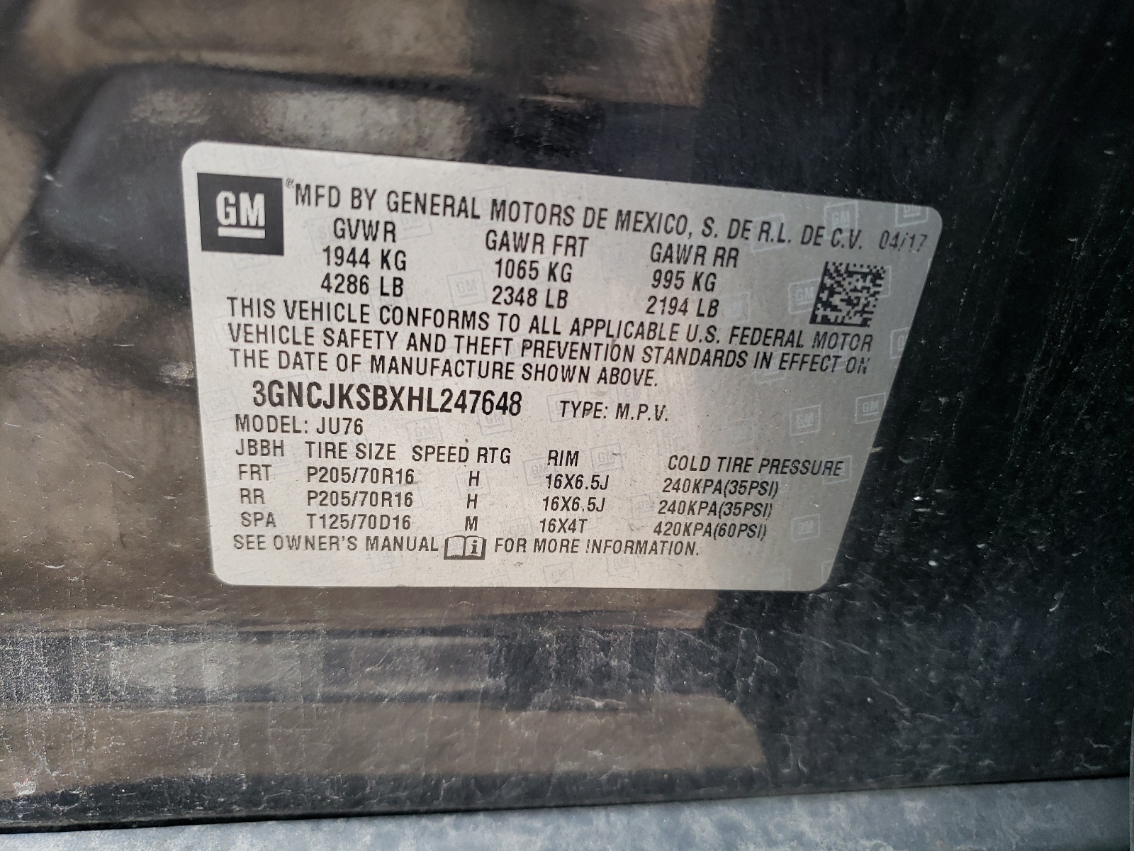 3GNCJKSBXHL247648 2017 Chevrolet Trax Ls