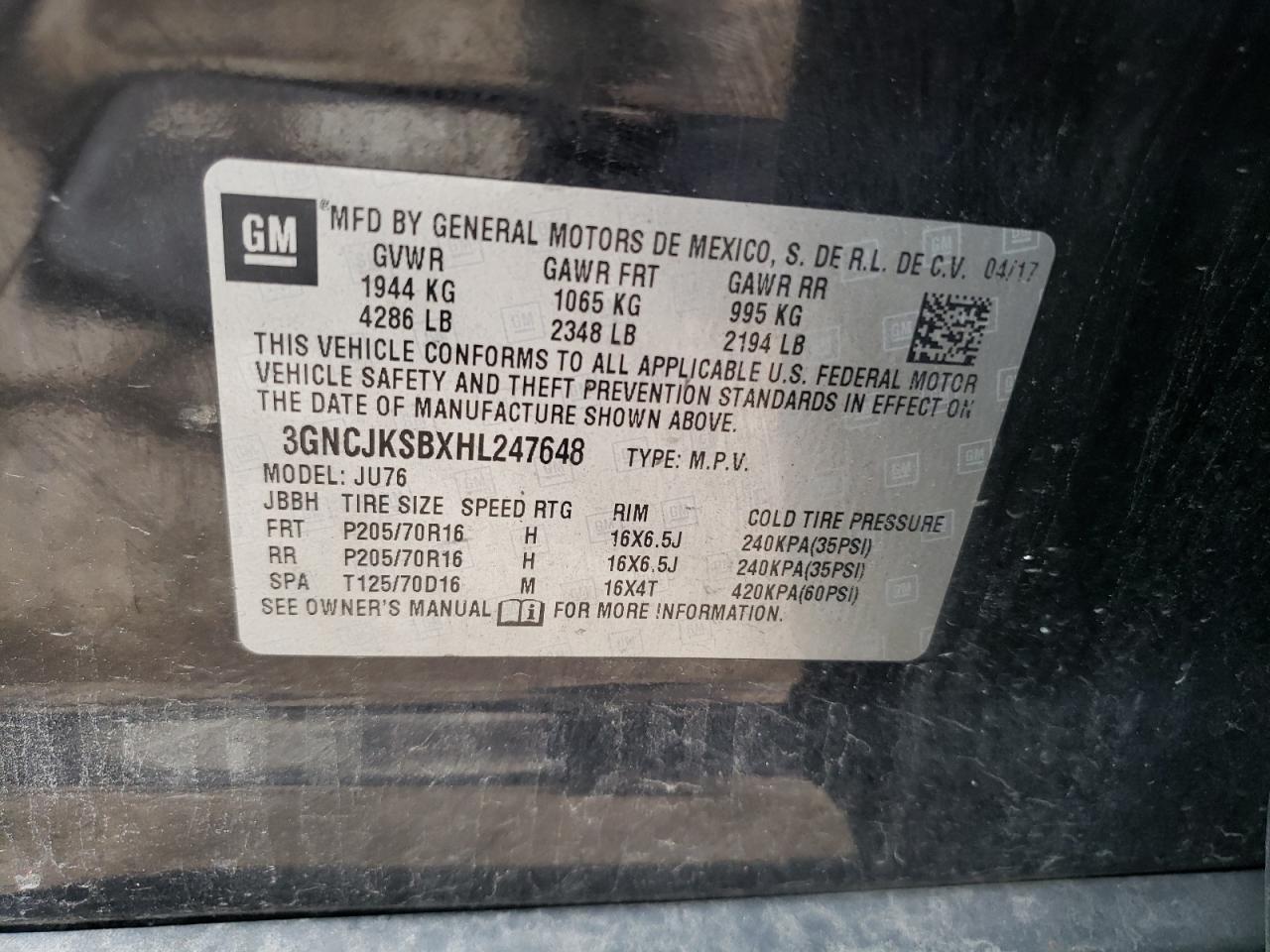 2017 Chevrolet Trax Ls VIN: 3GNCJKSBXHL247648 Lot: 59830194