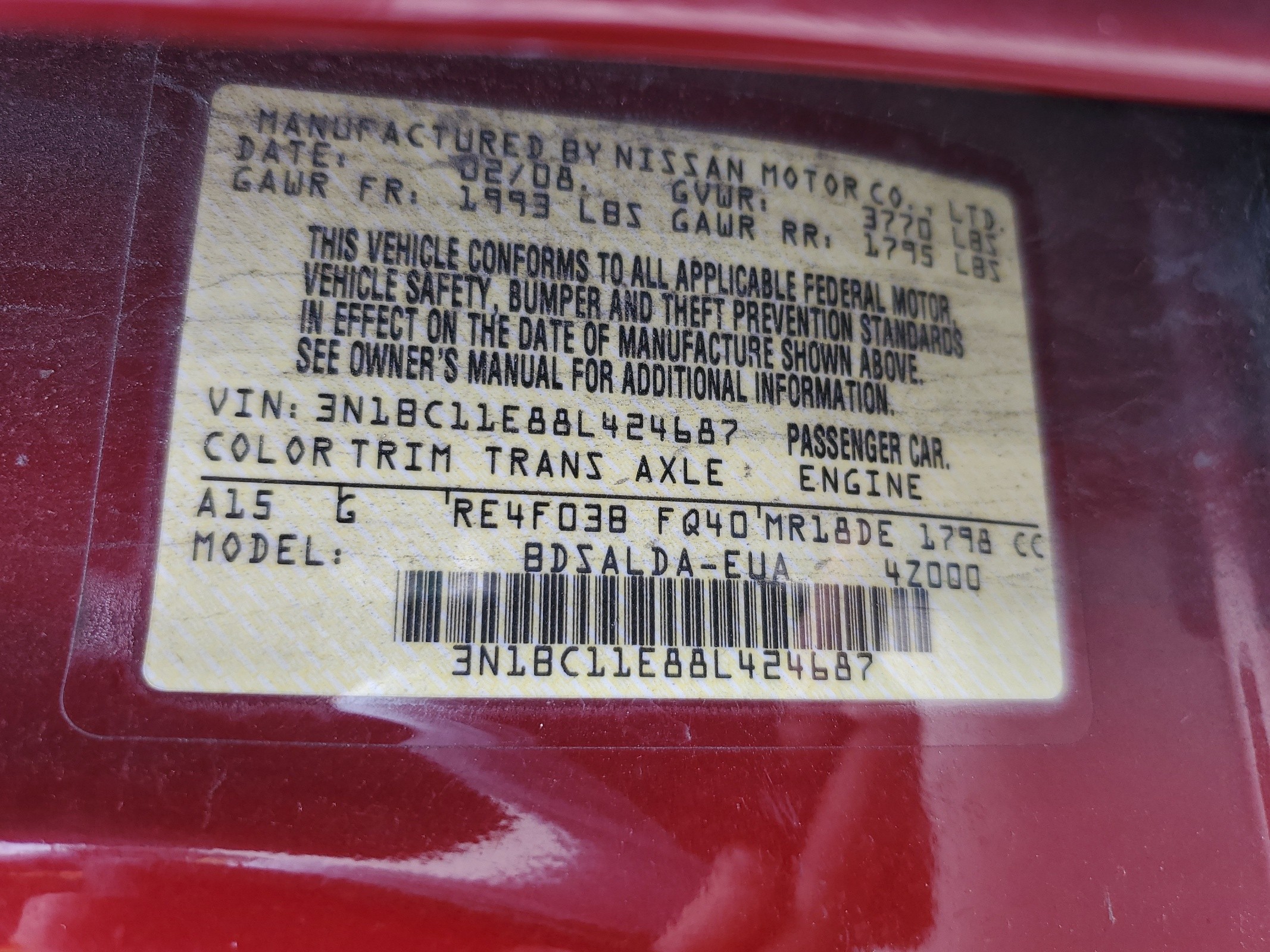 3N1BC11E88L424687 2008 Nissan Versa S