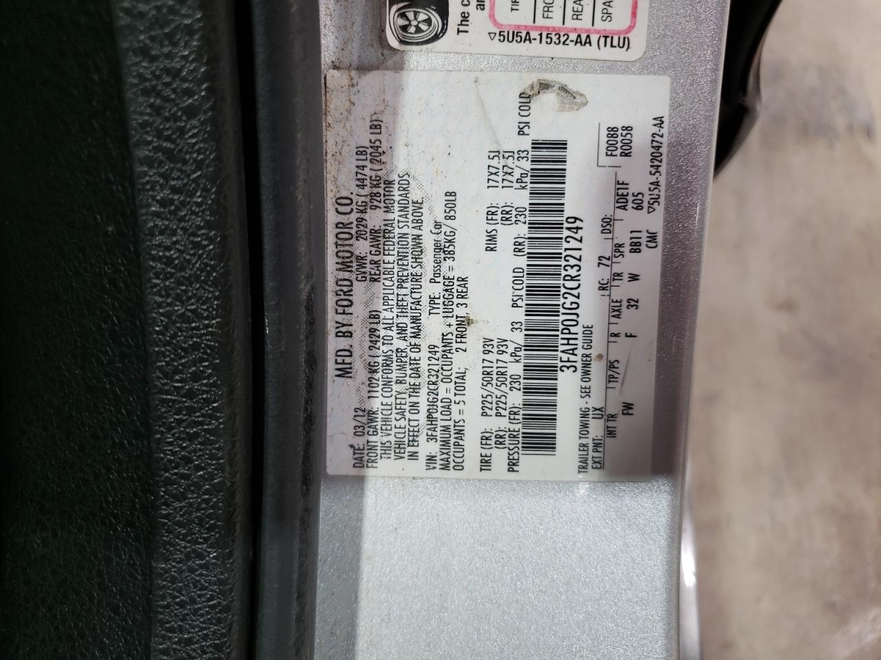 2012 Ford Fusion Sel VIN: 3FAHP0JG2CR321249 Lot: 60843844