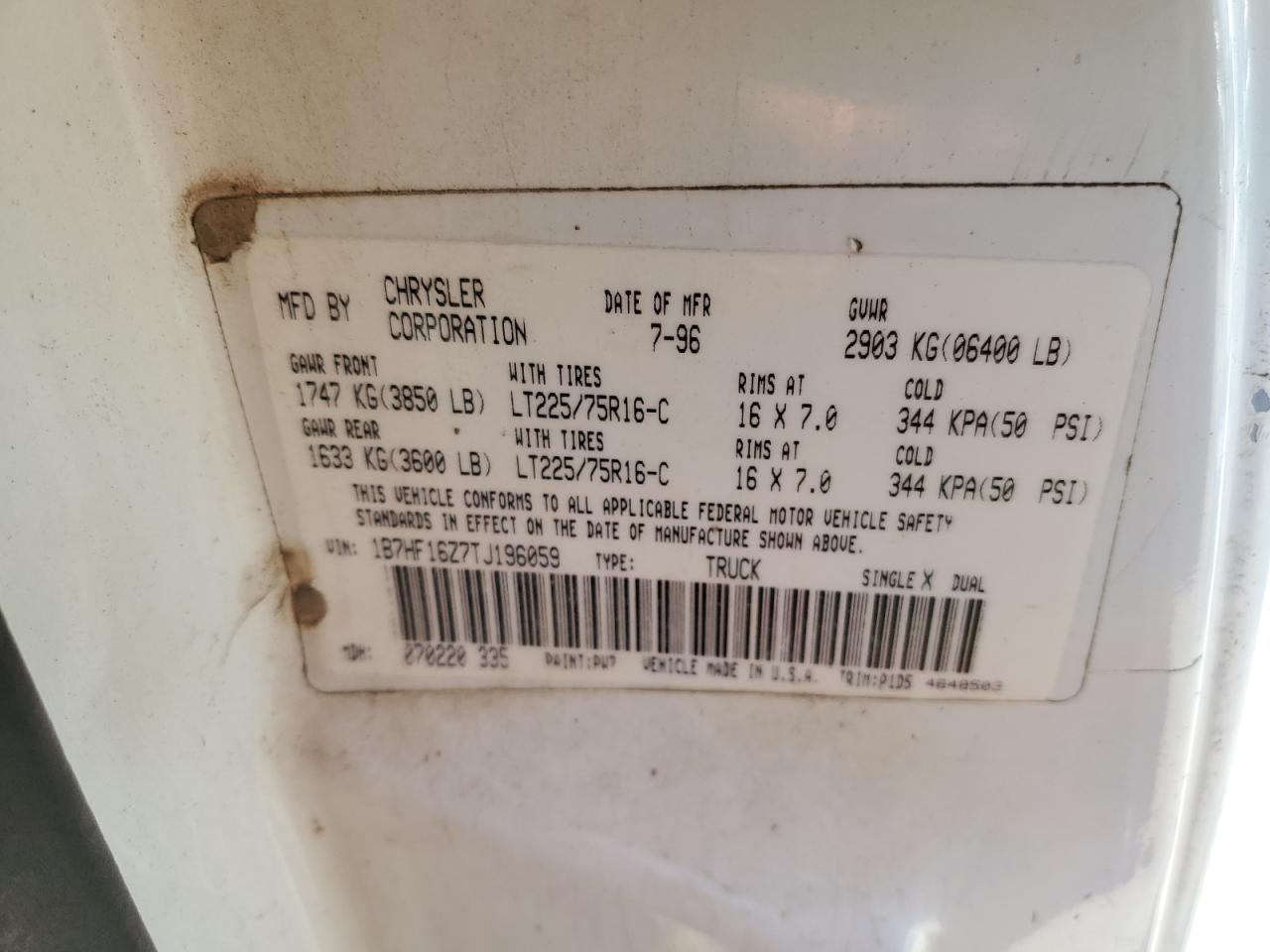 1996 Dodge Ram 1500 VIN: 1B7HF16Z7TJ196059 Lot: 60531864